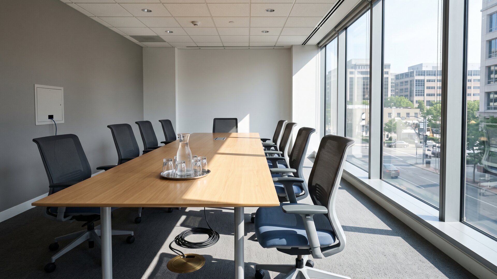 A corporate conference room moments before a presentation, the institutional setting behind the company position quoted on slide 5.