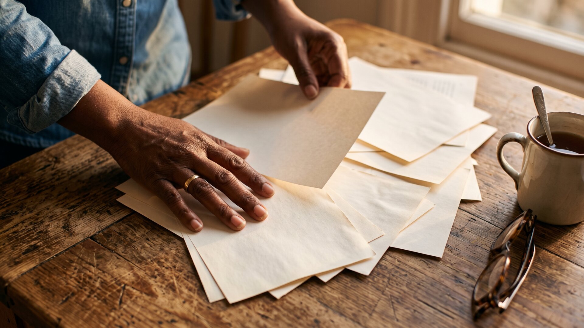 Hands sorting through a disorganised pile of printed pages at a kitchen table, matching slide 6's finding that women found the advice overwhelming and too general.