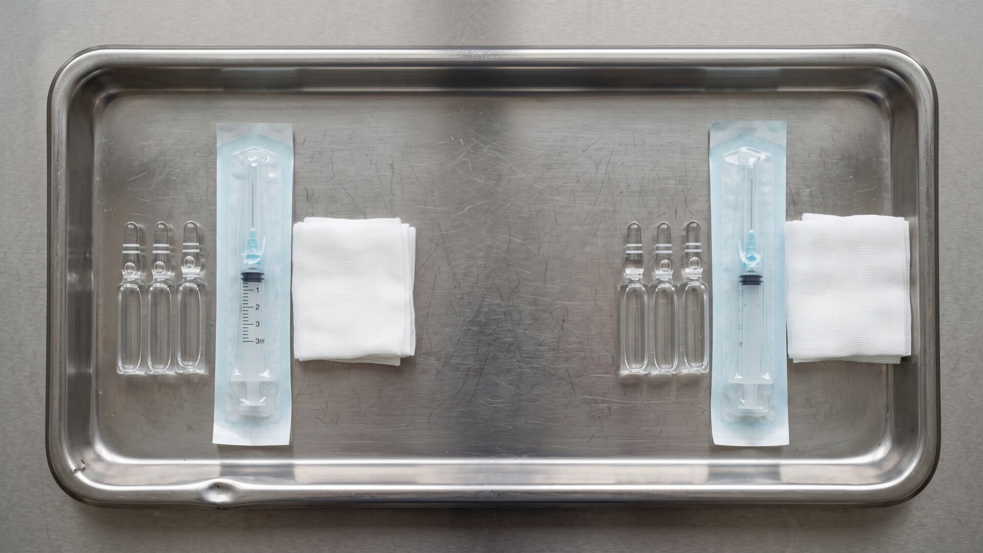 A clinical prep tray laid out with two sets of unmarked syringes and ampoules, the two-arm structure of the trial described on slide 7.