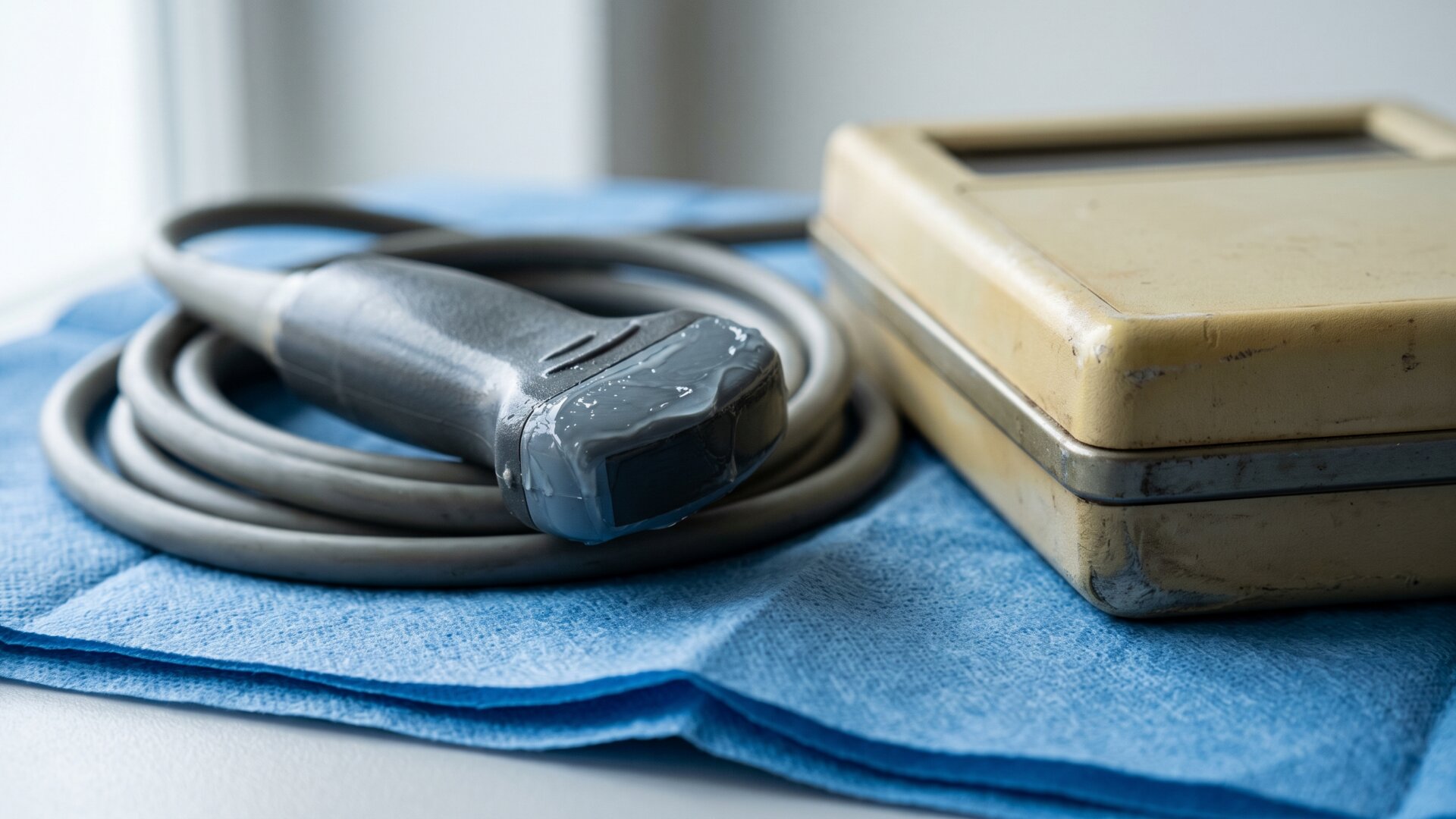 A handheld ultrasound probe resting against a measurement unit, the kind of instrument reading that produced slide 8's dermal thickness figures.