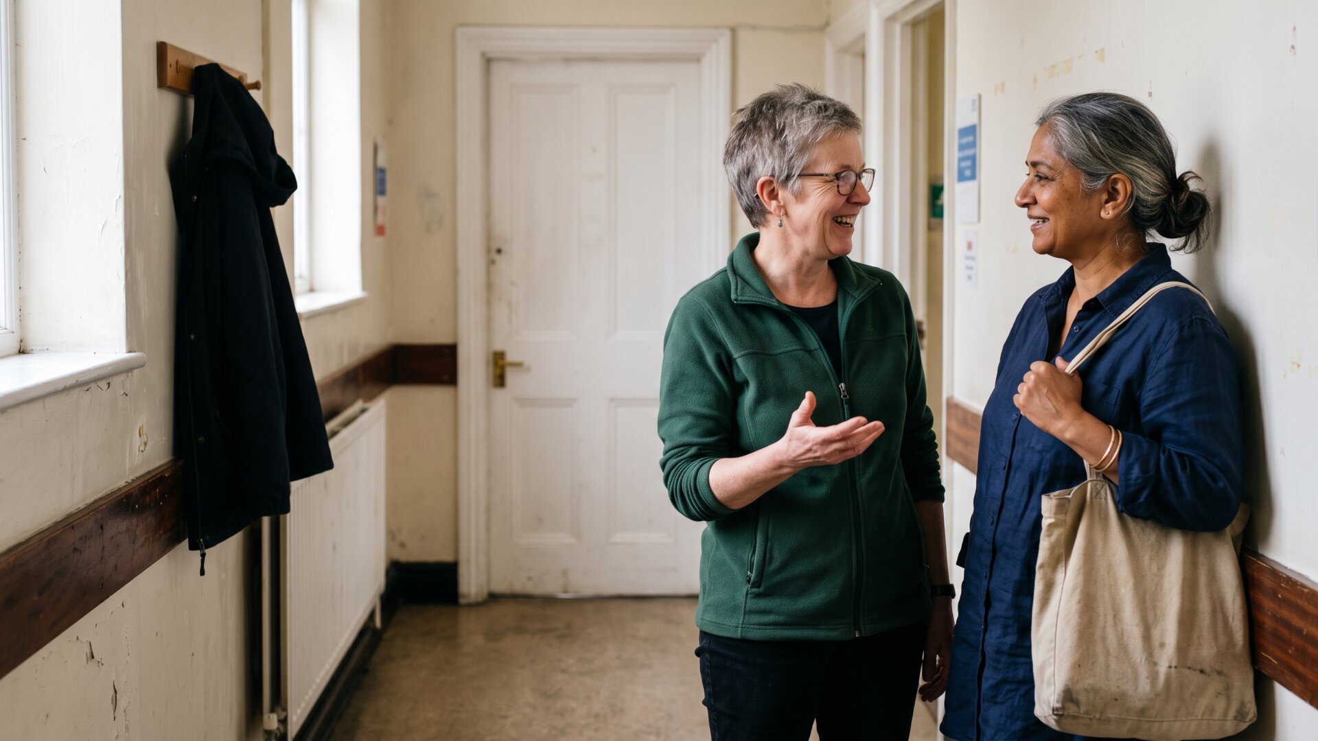 Two women in their fifties talking in a clinic corridor after an appointment, the patient-reported side of slide 9 rather than the measured side.