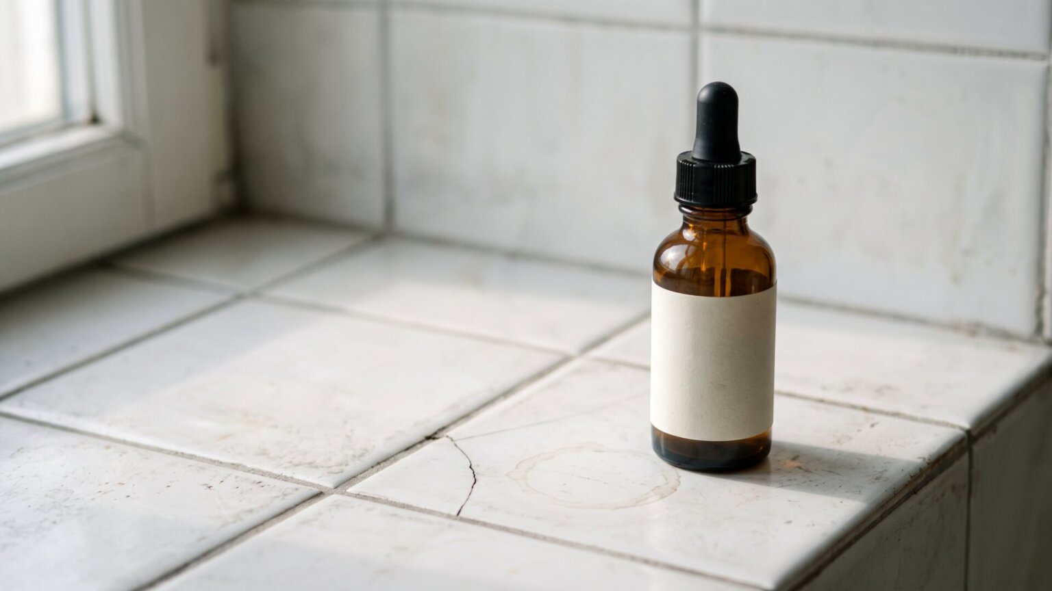 A single unlabeled dropper bottle isolated on a bathroom shelf, standing in for the one-product-at-a-time pacing and the ingredient scrutiny the study points toward.
