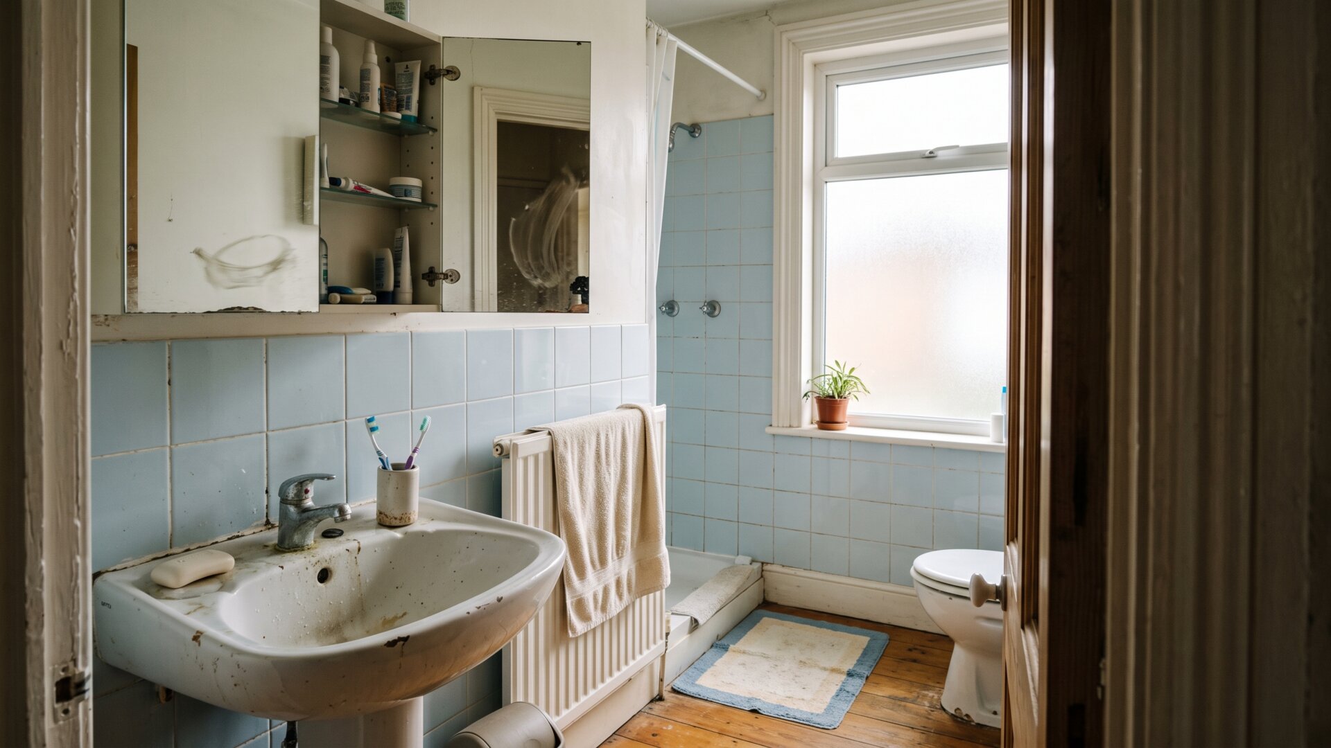 A wide, empty bathroom interior showing an ordinary space rather than a reactive one, matching the slide's point that a third of affected patients had no prior skin condition.