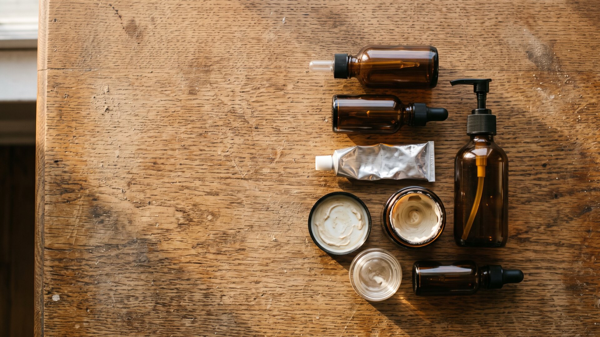 An arranged group of unlabeled containers gathered on a counter, the physical form of the 63 percent figure for routines carrying more than three actives.