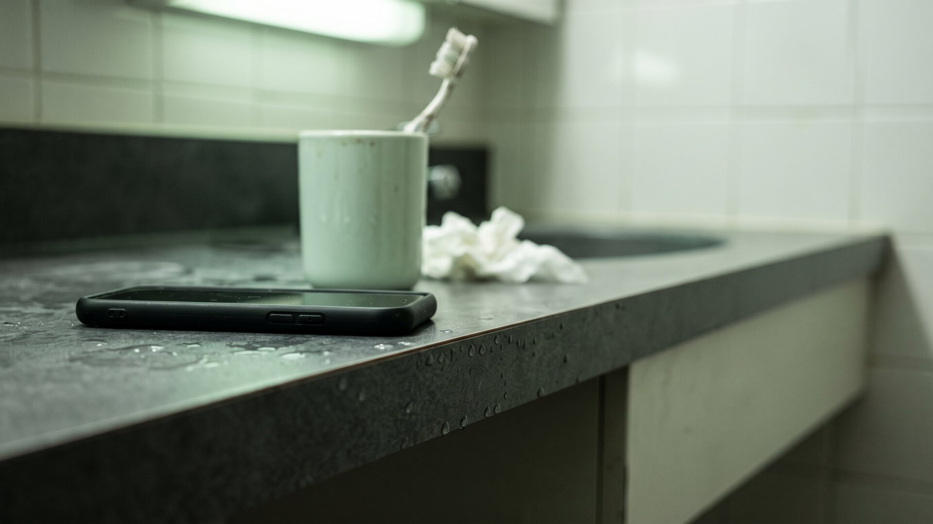 A smartphone face down beside a used bathroom counter, representing the video-driven routine the Pediatrics study analyzed without depicting any screen content.