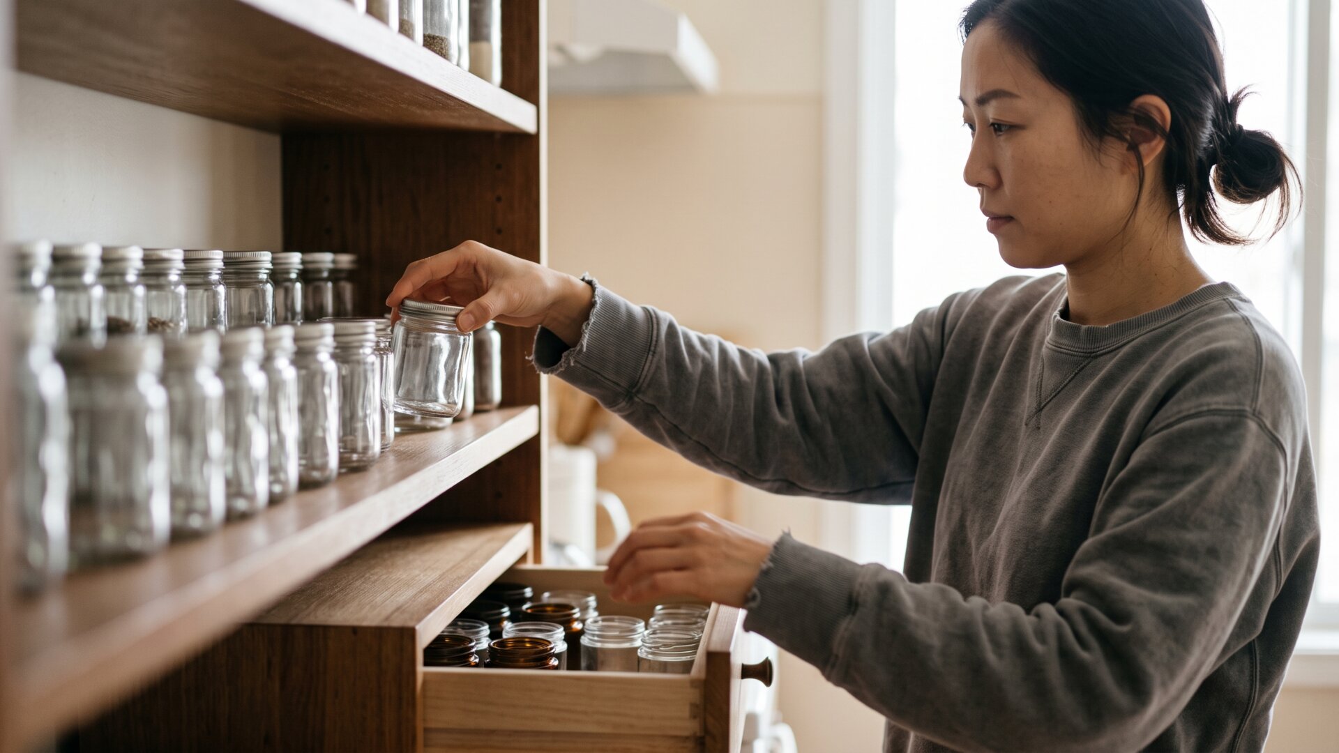 Hands setting a single container down while others stay in a drawer, matching the one-new-product-every-one-to-two-weeks pacing described in the slide.