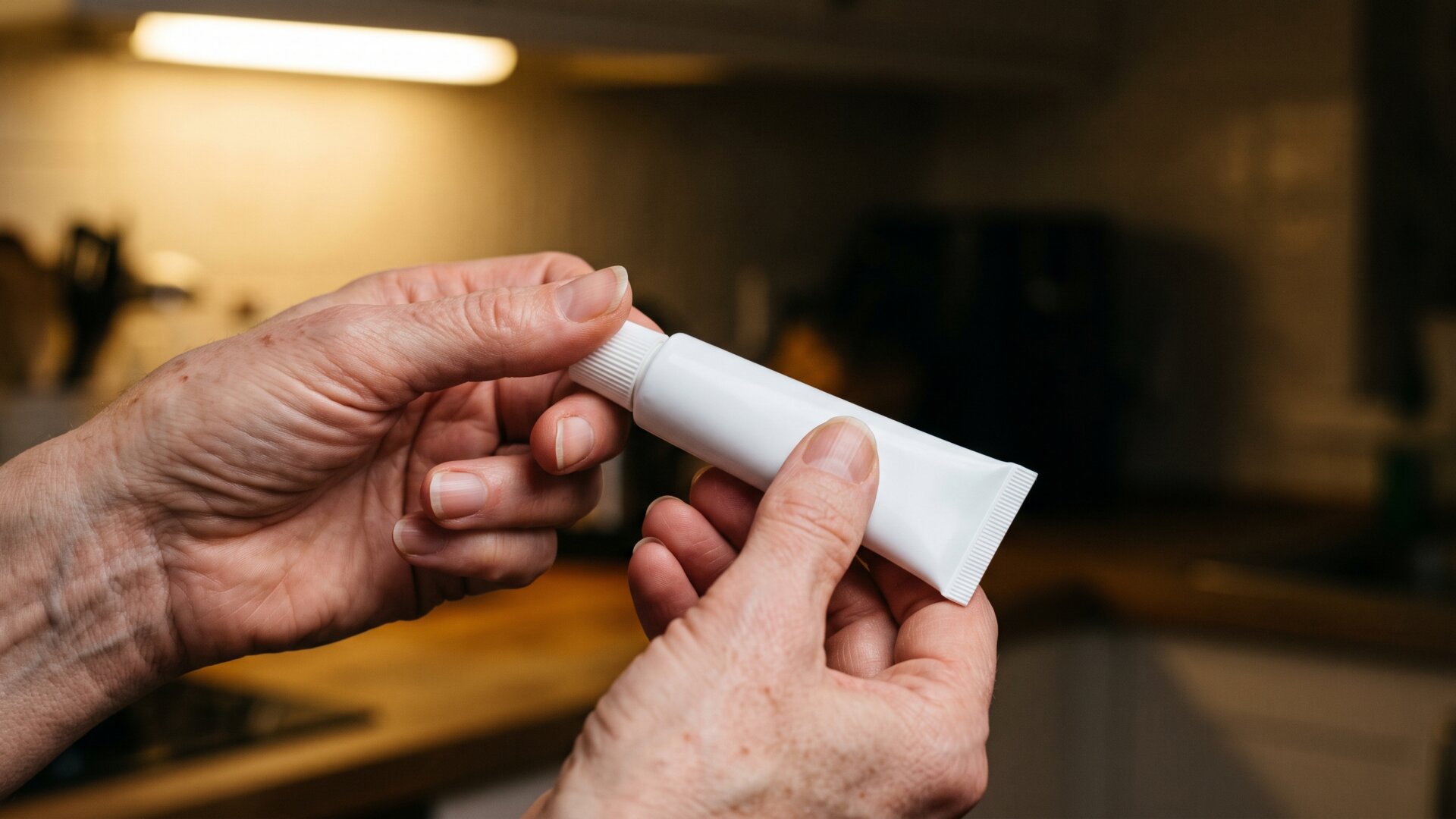 Close-up of fingers turning a container to read its back, the exact behavior the slide describes as the step people skip.