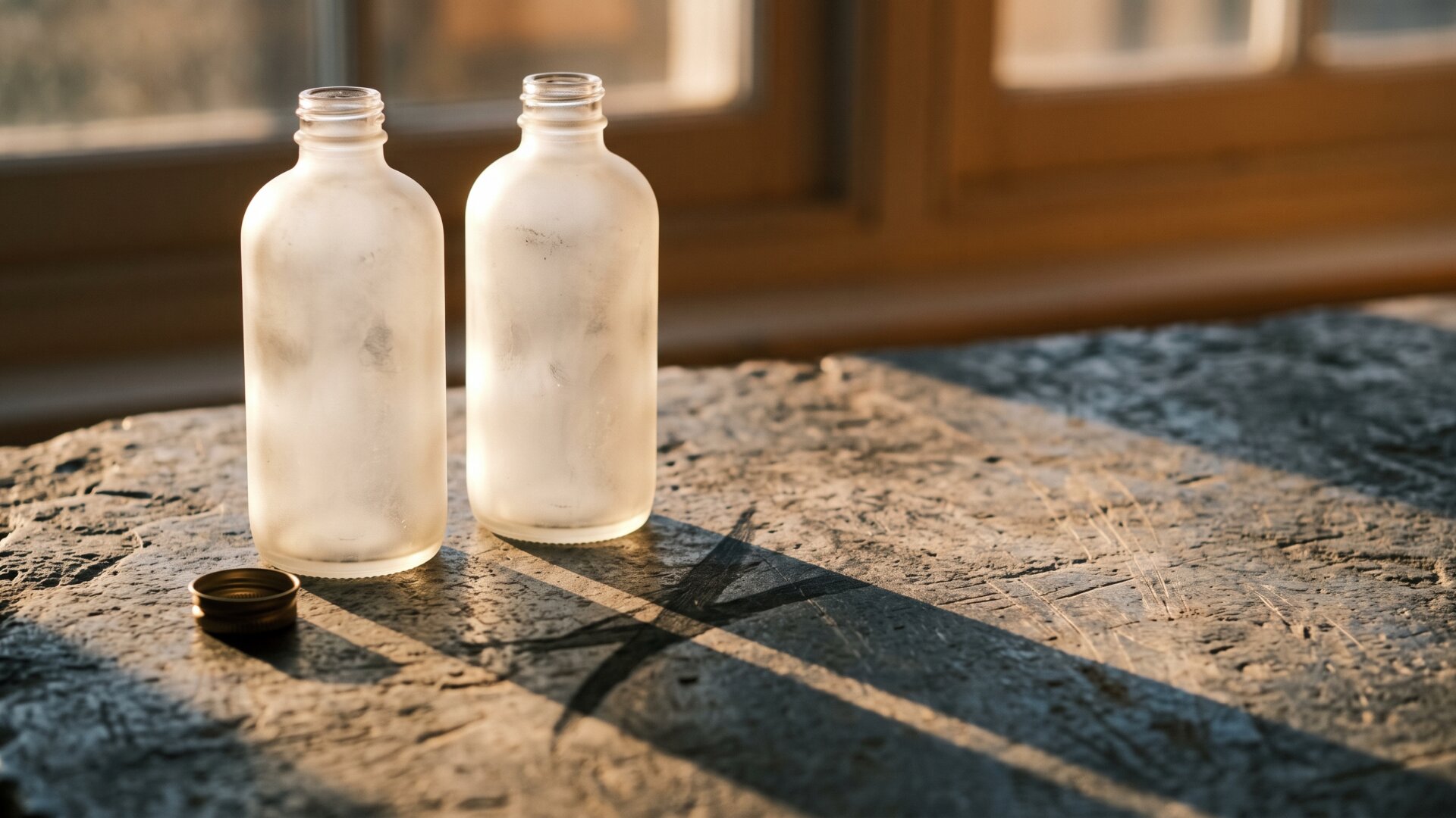 Two unlabeled bottles side by side casting overlapping shadows, the visual form of ingredients that work against each other.