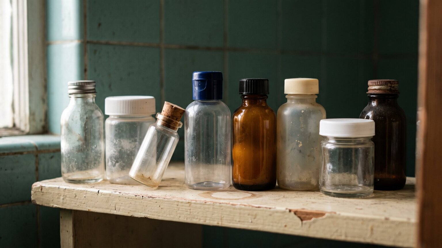 A bathroom shelf of unlabeled personal care containers, standing in for the routine priority spending the survey measured, without depicting any brand or person.