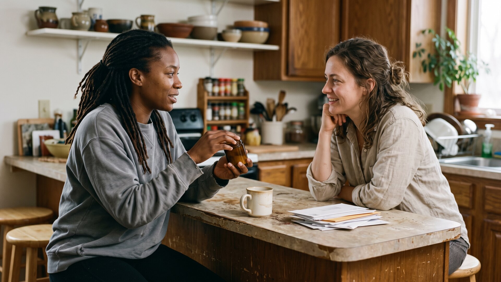 Two women talking across a kitchen counter with a container between them, matching the slide's finding that friends and family lead product discovery.