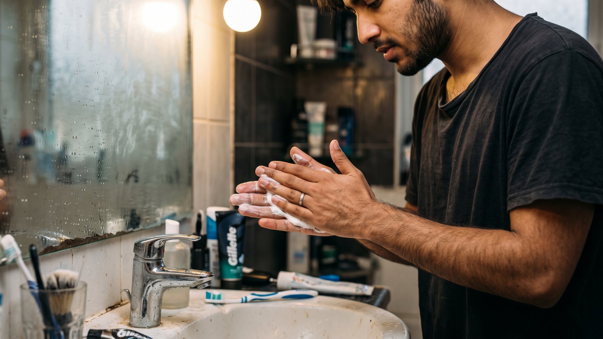 A young man's hands working through a grooming routine at a sink, illustrating the daily time commitment the slide quantifies.