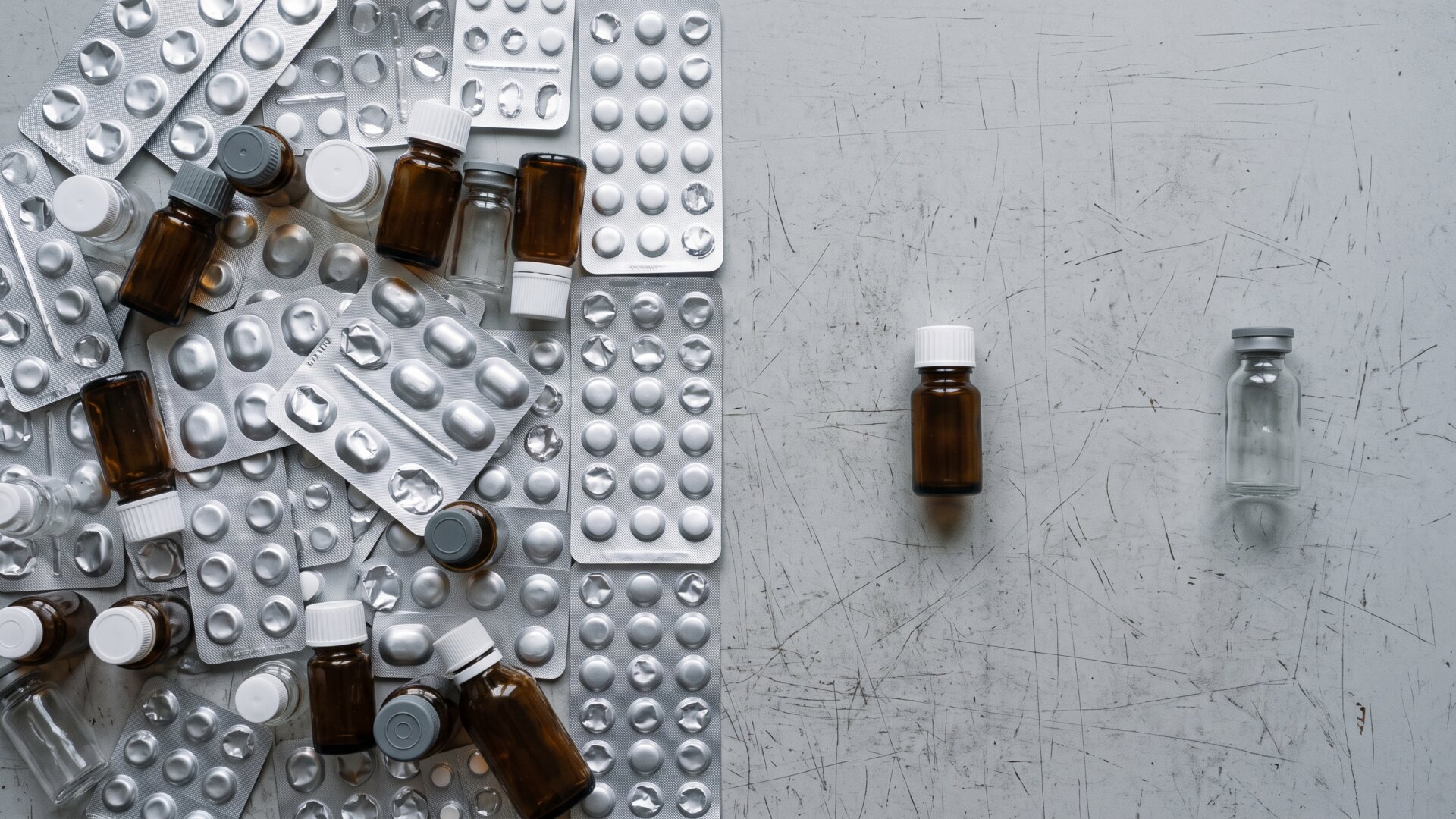 An arranged still life of unevenly sized blister packs and bottles, standing in for the 26-to-two approval imbalance the slide describes, without naming any drug.