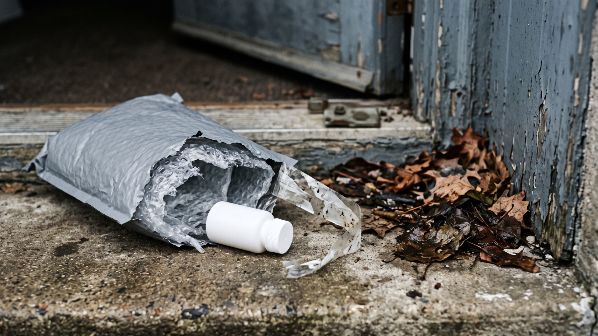 A padded mailer and unmarked bottle on a doorstep, evoking the unauthorized purchasing channels the slide explains.