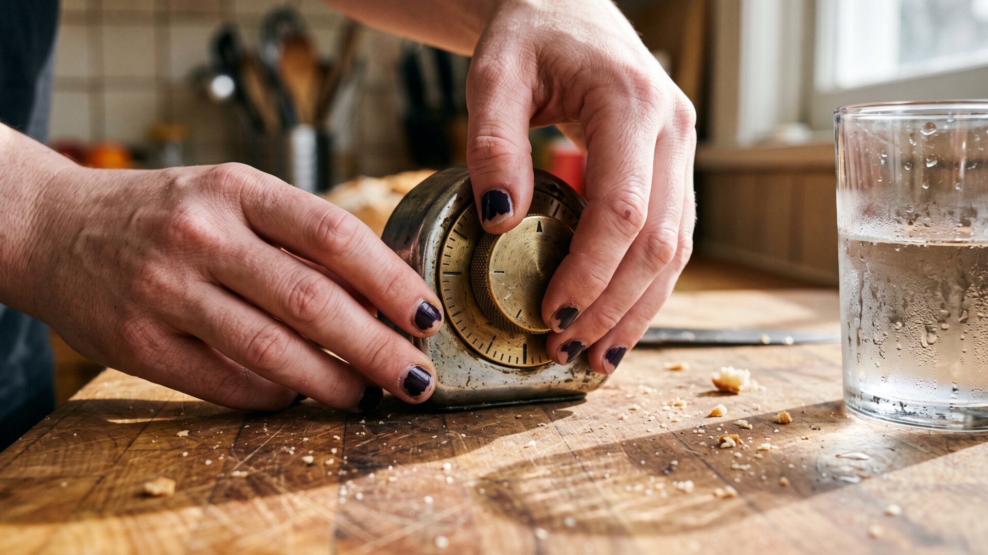 Hands setting a kitchen timer beside a glass of water, standing in for the shortened results timeline the slide measures.