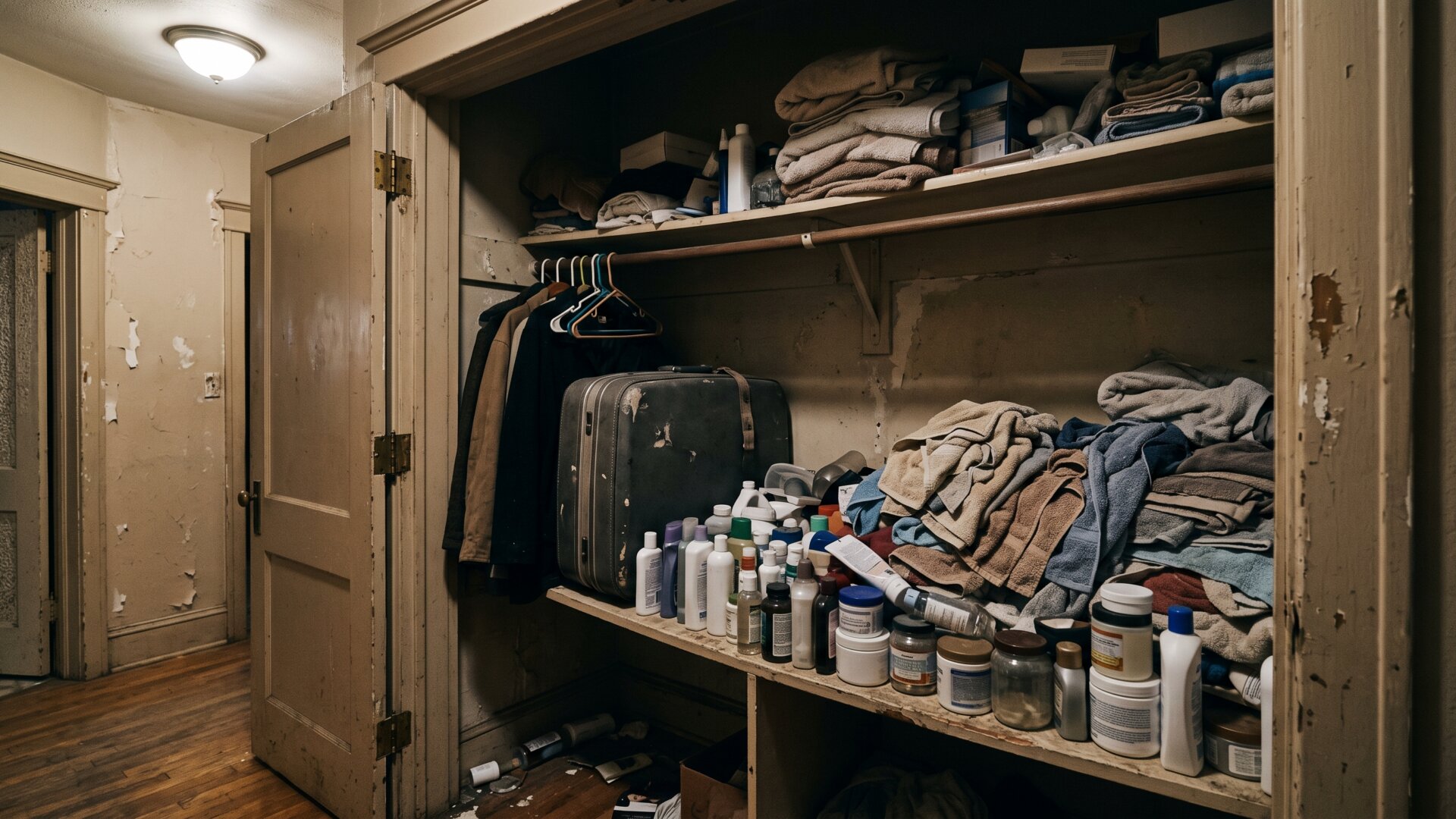 A hallway closet shelf where personal care items crowd out a suitcase, matching the slide's ranking of wellness above travel.