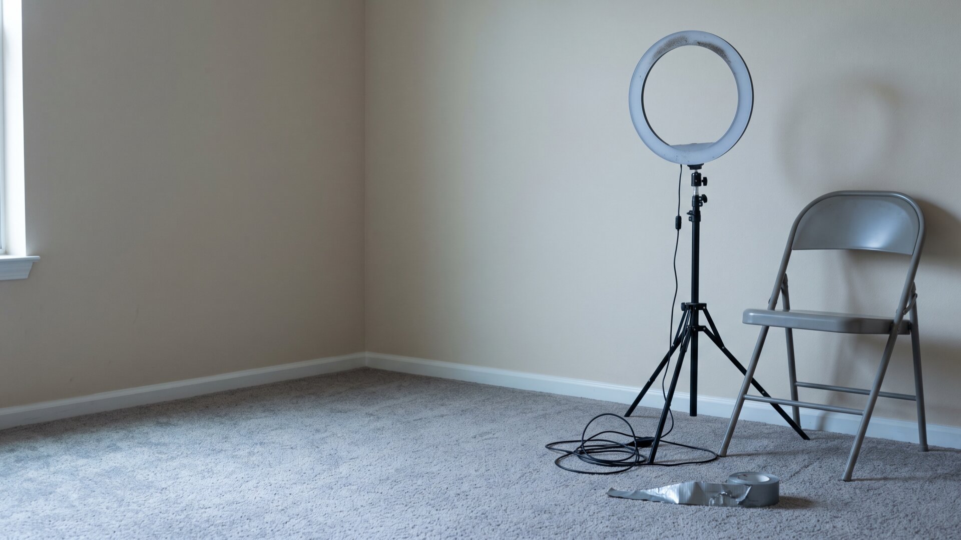 A ring light stand left switched off beside an empty chair, standing in for influencer budgets holding while influence slips down the ranking.