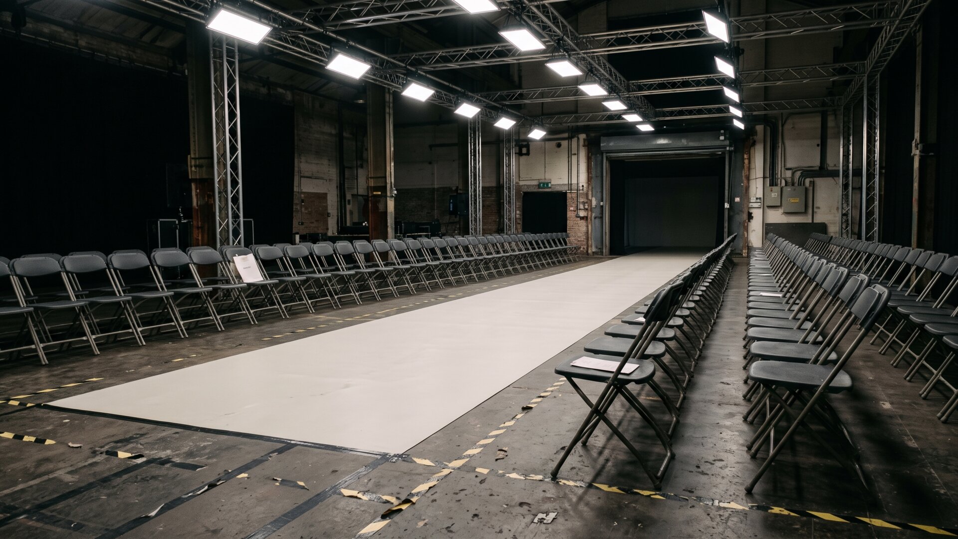 An empty runway photographed end-on with no model in it, illustrating the surface and sightlines that shoes normally negotiate.