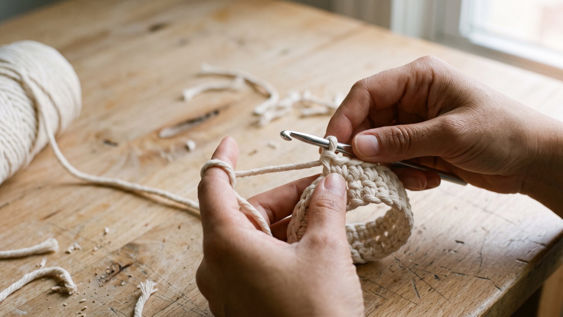 Hands working a crochet hook through cream cotton cord, the technique behind Veronica Leoni's open-sided anti-shoe at Calvin Klein.