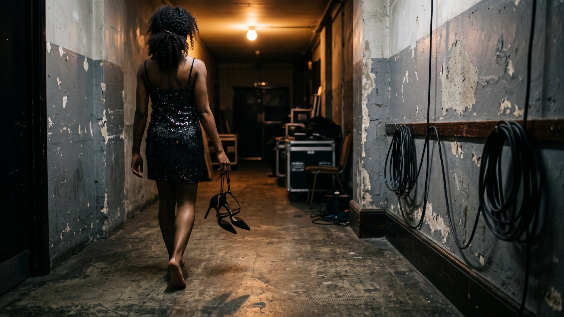 A pair of worn high heels carried loose by their straps against a dark backstage wall, matching the Area model who finished her walk holding her shoes.