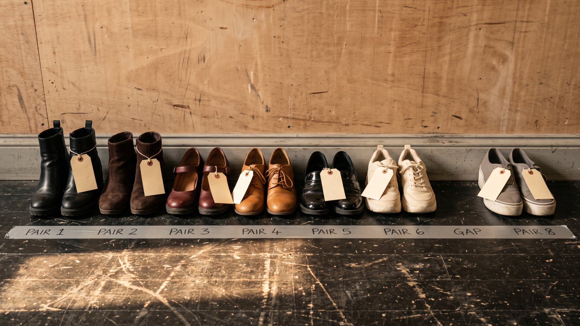 A line of block-heeled shoes with one empty gap in the row, standing in for the single barefoot model among heels at 7 For All Mankind.