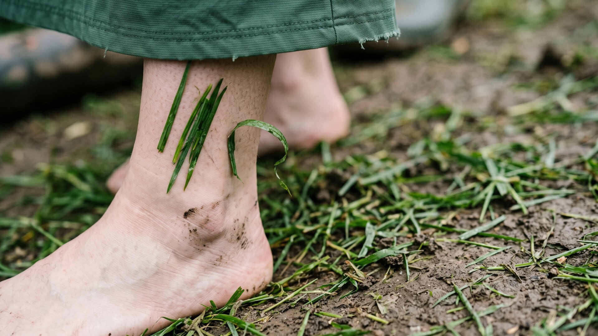 Blades of cut grass clinging to a bare ankle, the finishing detail Jane Wade used to make a shoeless look read as a place rather than an absence.