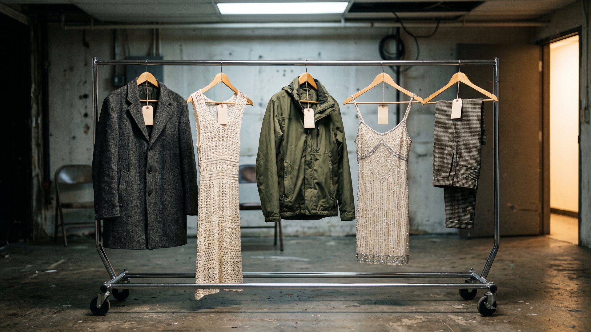 A rack of unrelated garments hung together backstage, standing in for five designers in different silhouettes arriving at the same styling decision.
