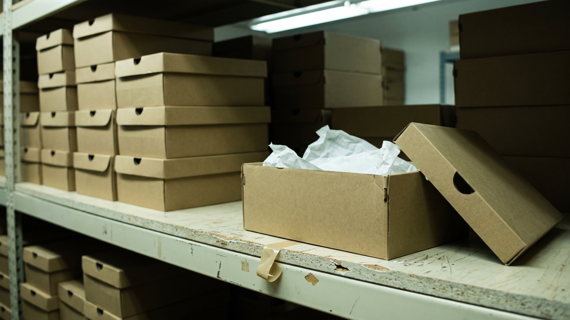 An empty shoebox on a retail stockroom shelf, the unsold slot left behind when a designer removes footwear from a look.