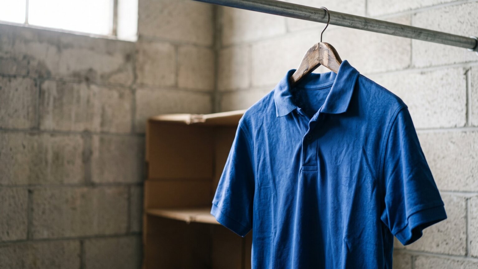 A plain blue knit polo shirt on a wooden hanger against a stockroom wall, standing in for the issued uniform at the center of the story without depicting Kroger branding or any real employee.