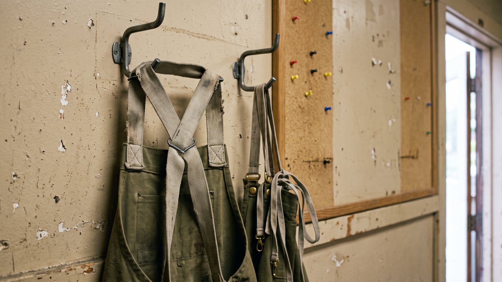 A pair of work aprons on hooks, one folded to show its back strap arrangement, matching slide 2's point that the apron redesign was the employee-driven half of the change.