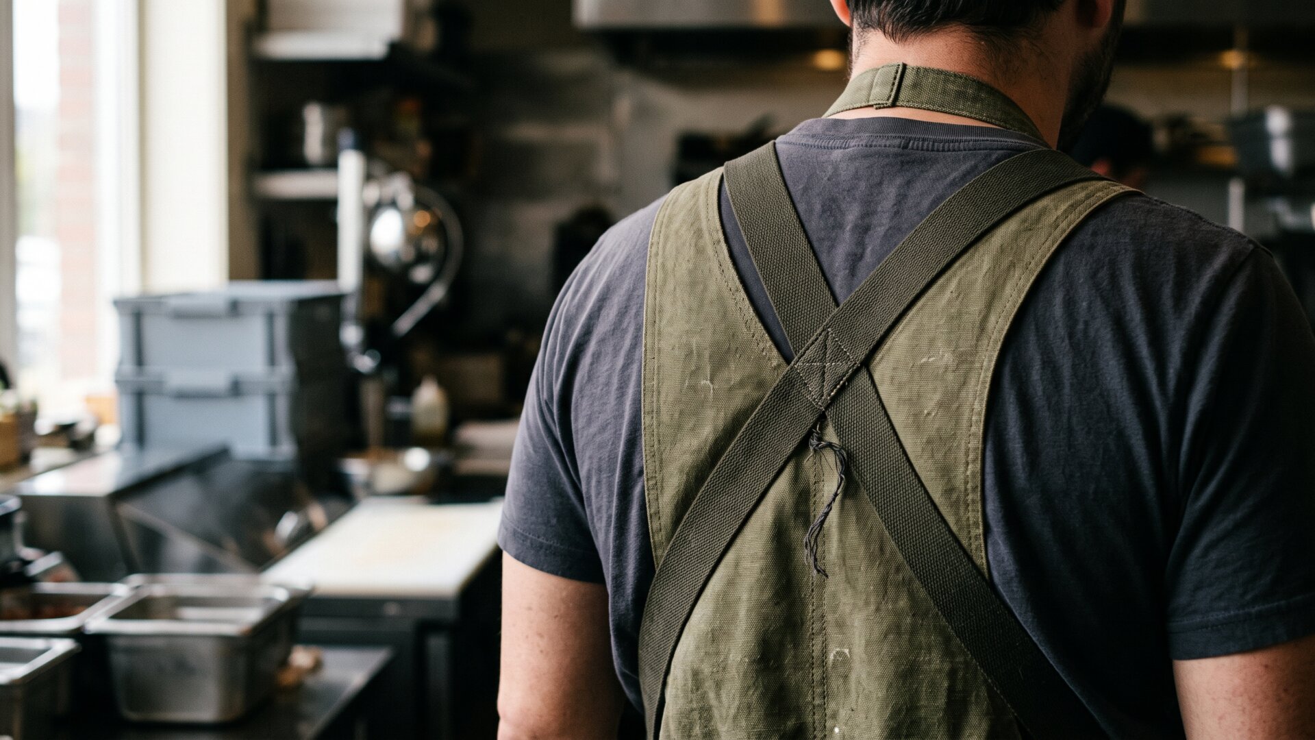 A close view of crossed straps across a worker's upper back, illustrating the load distribution explained in slide 3 without showing a face or identity.