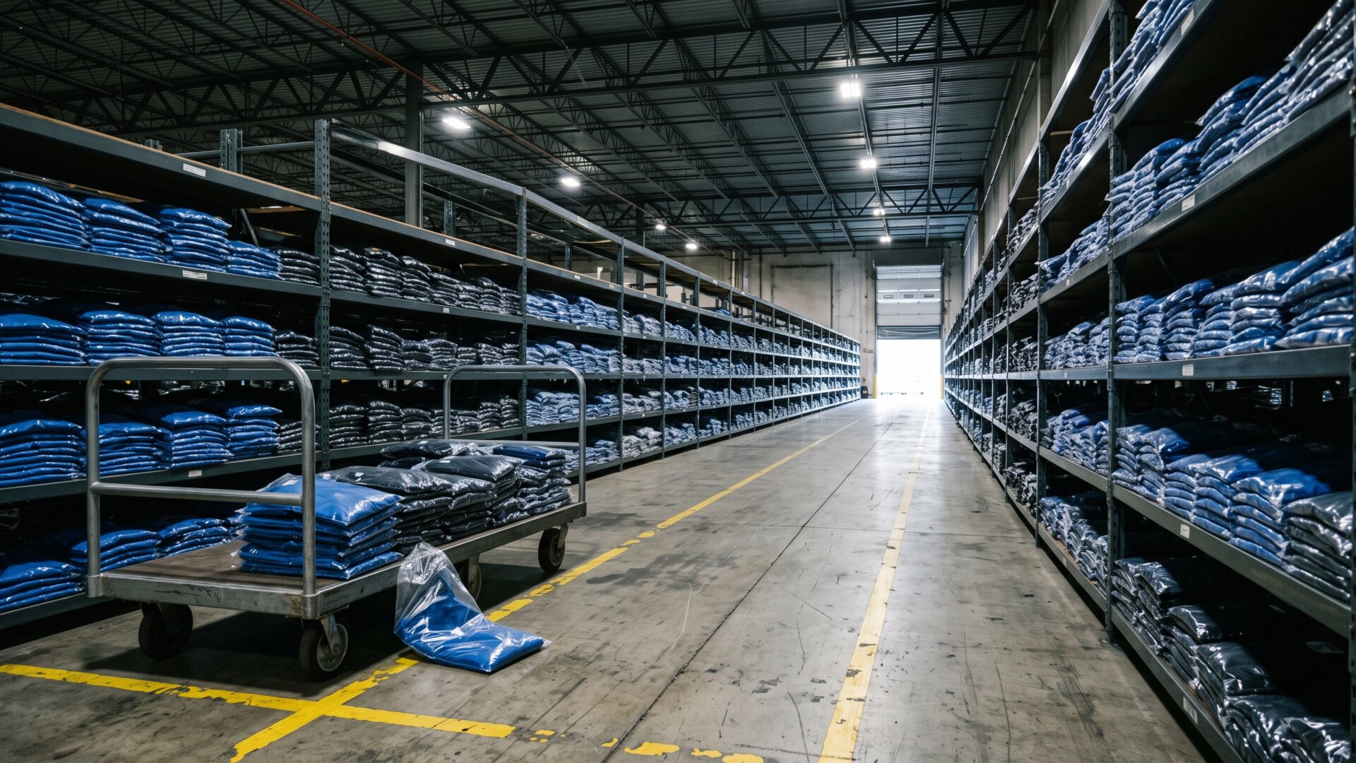 A deep rack of folded shirts in a warehouse aisle, giving physical scale to the roughly 400,000-employee rollout described in slide 4.
