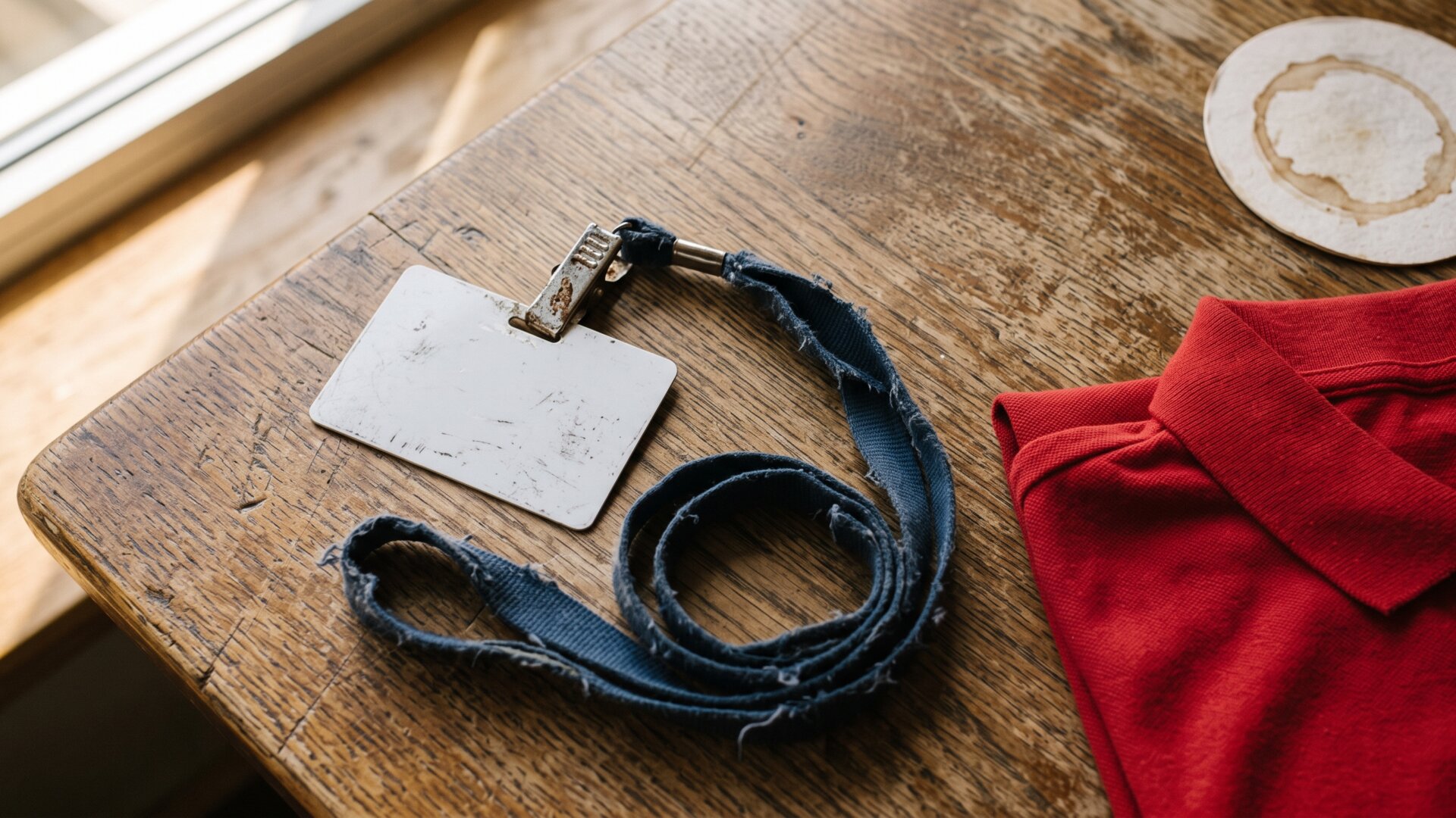 A worn name badge and lanyard on a wooden table beside a folded new shirt, marking the decade-long gap between dress codes that slide 5 describes.