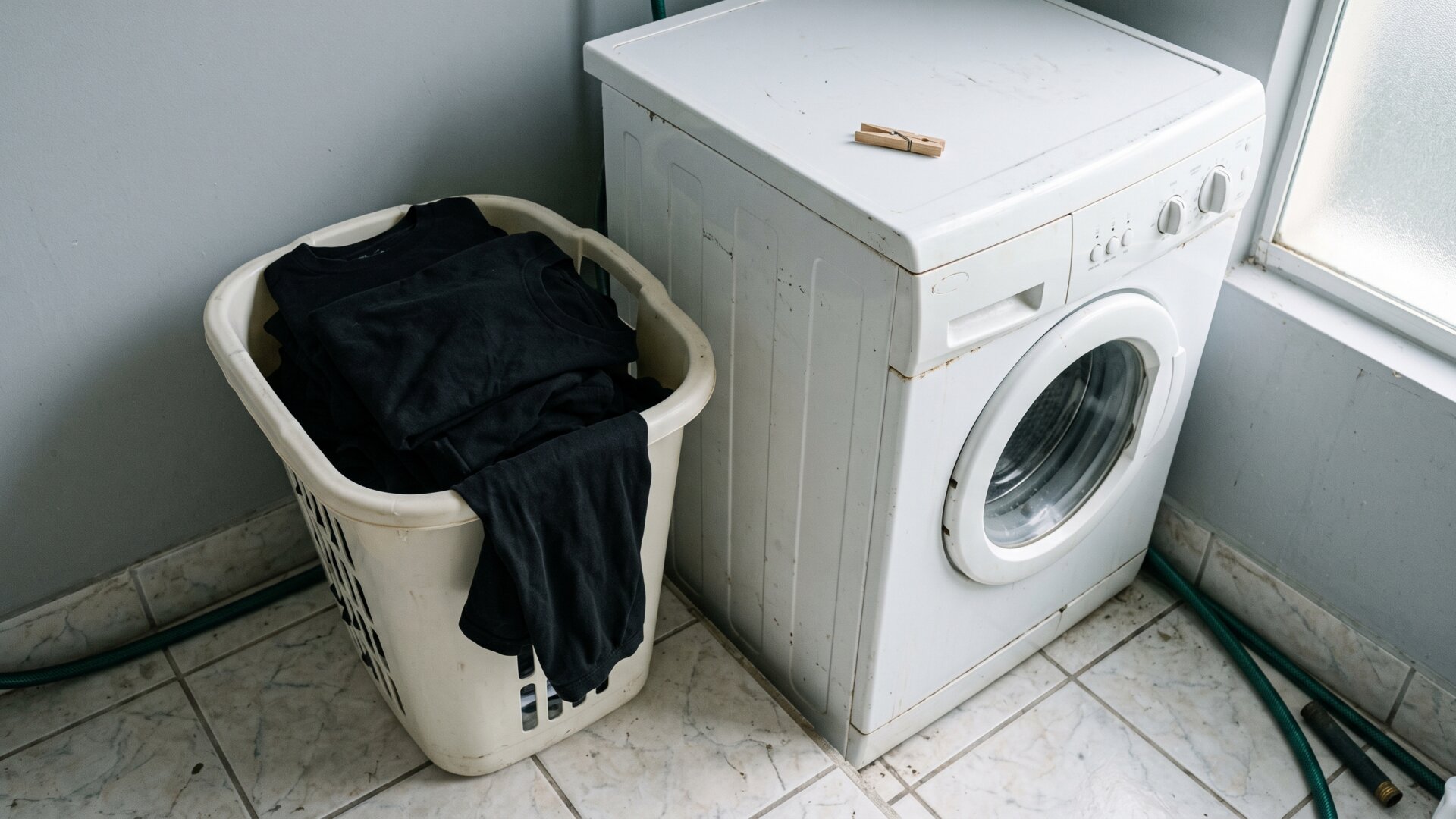 A home laundry basket with folded identical shirts, the domestic consequence of a limited shirt allotment raised in slide 6.