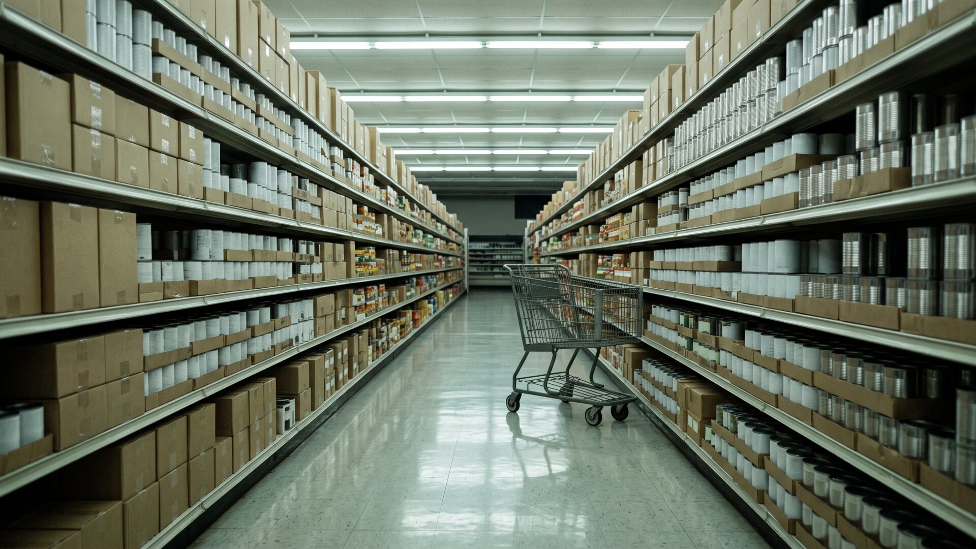 An empty supermarket aisle photographed at eye height, the availability problem slide 7 separates from the recognition problem.