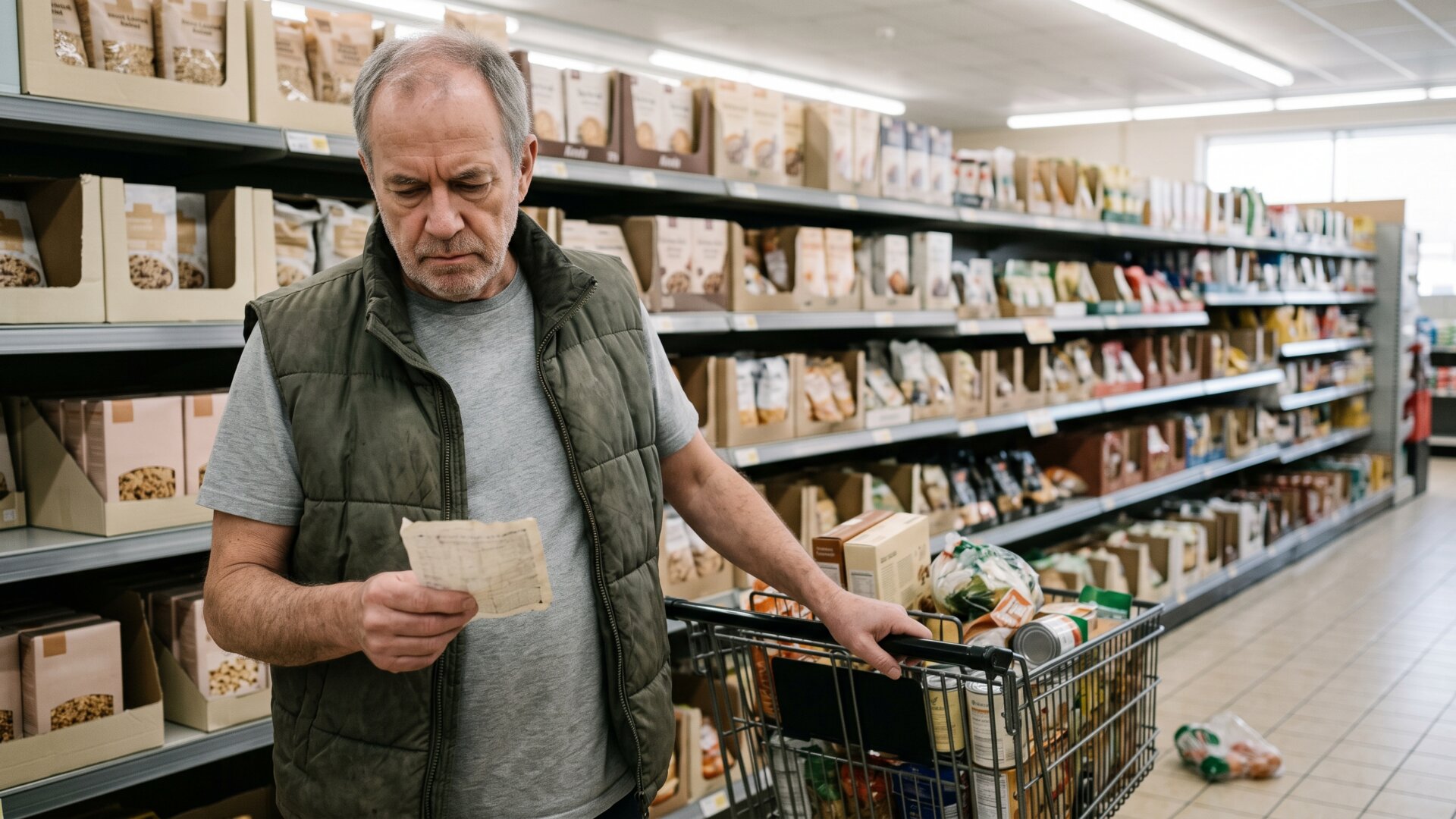 A shopper mid-aisle reading a list rather than looking up, showing the divided attention that slide 8 says defeats any uniform.