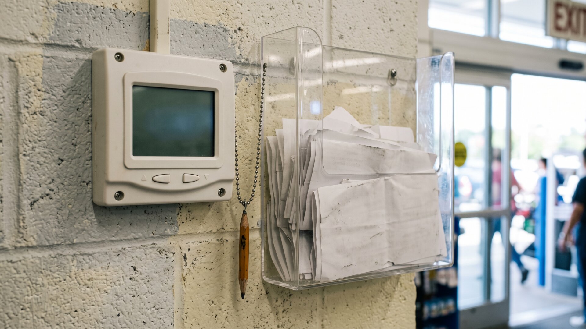 A customer feedback kiosk-style setup rendered as a plain blank-screen terminal and printed slips, standing for the internal feedback slide 9 says underpins Kroger's claims.
