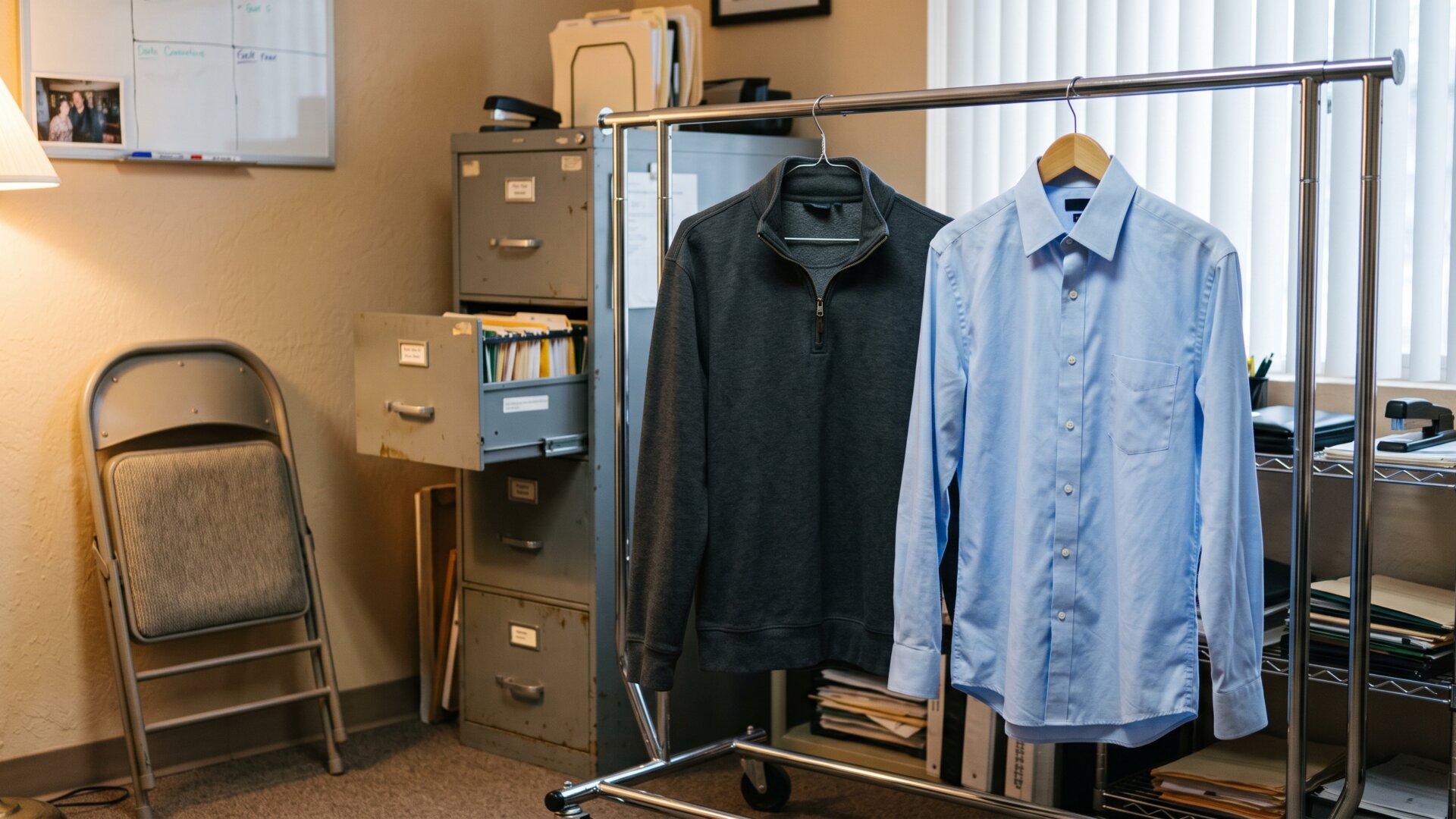 A button-down shirt and a quarter-zip pullover hanging together, the manager apparel distinction that closes slide 10.