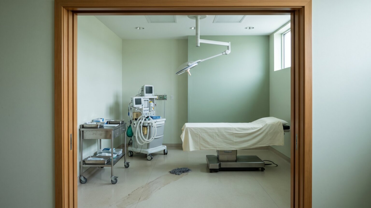 Doctors Warn Cosmetic Surgery Patients to Check Provider’s Credentials First An empty, accredited-style outpatient operating room photographed from the doorway, showing the equipment and staffing infrastructure that facility accreditation inspects, which is the verification slide 1 tells patients to perform.