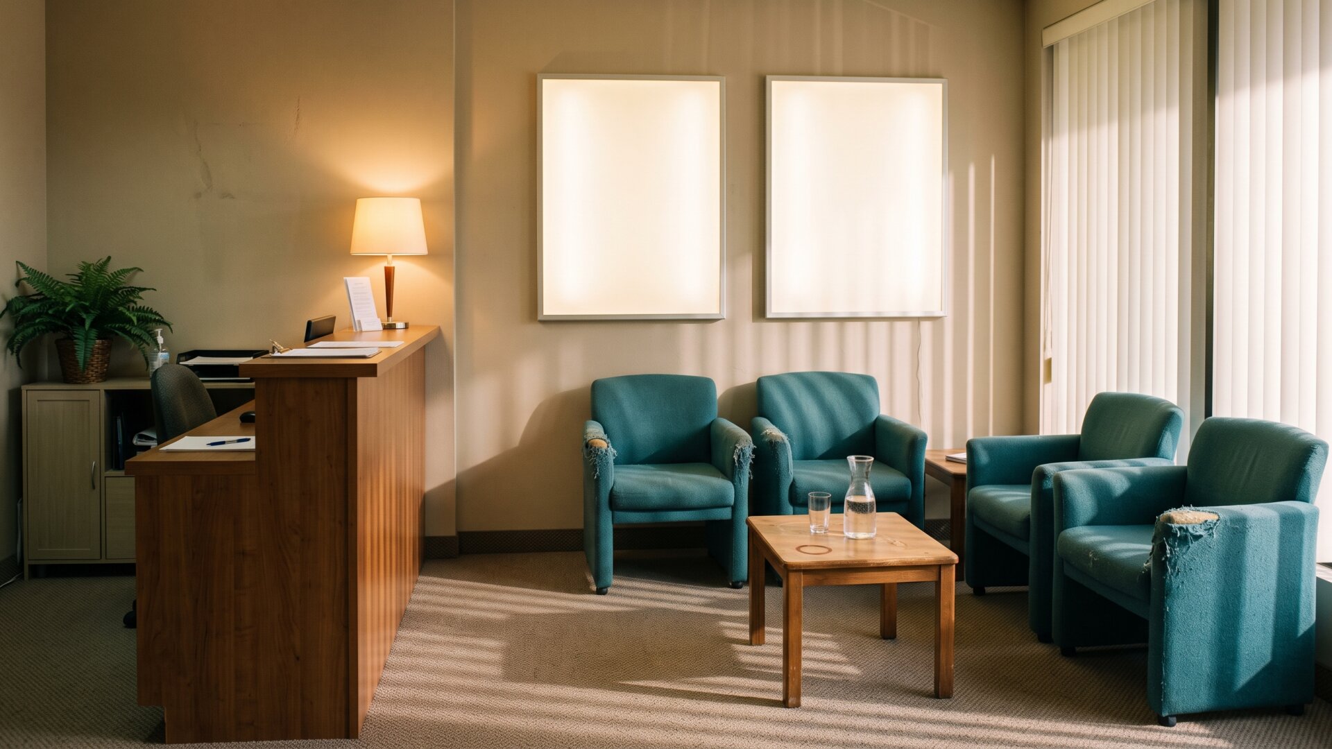 A clinic waiting area with blank, unmarked promotional display panels, matching slide 2's point that marketing surfaces carry no information about a physician's training.