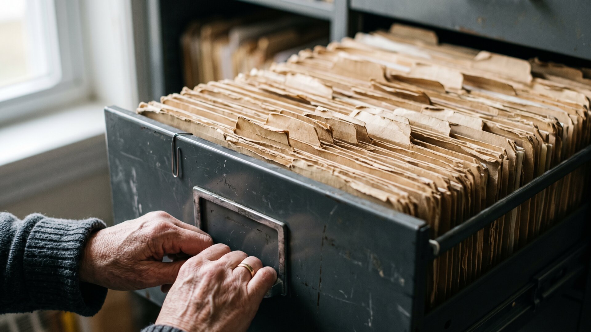 Hands opening a flat file drawer of training and credentialing documents, standing in for the residency and examination record behind board certification in slide 3.