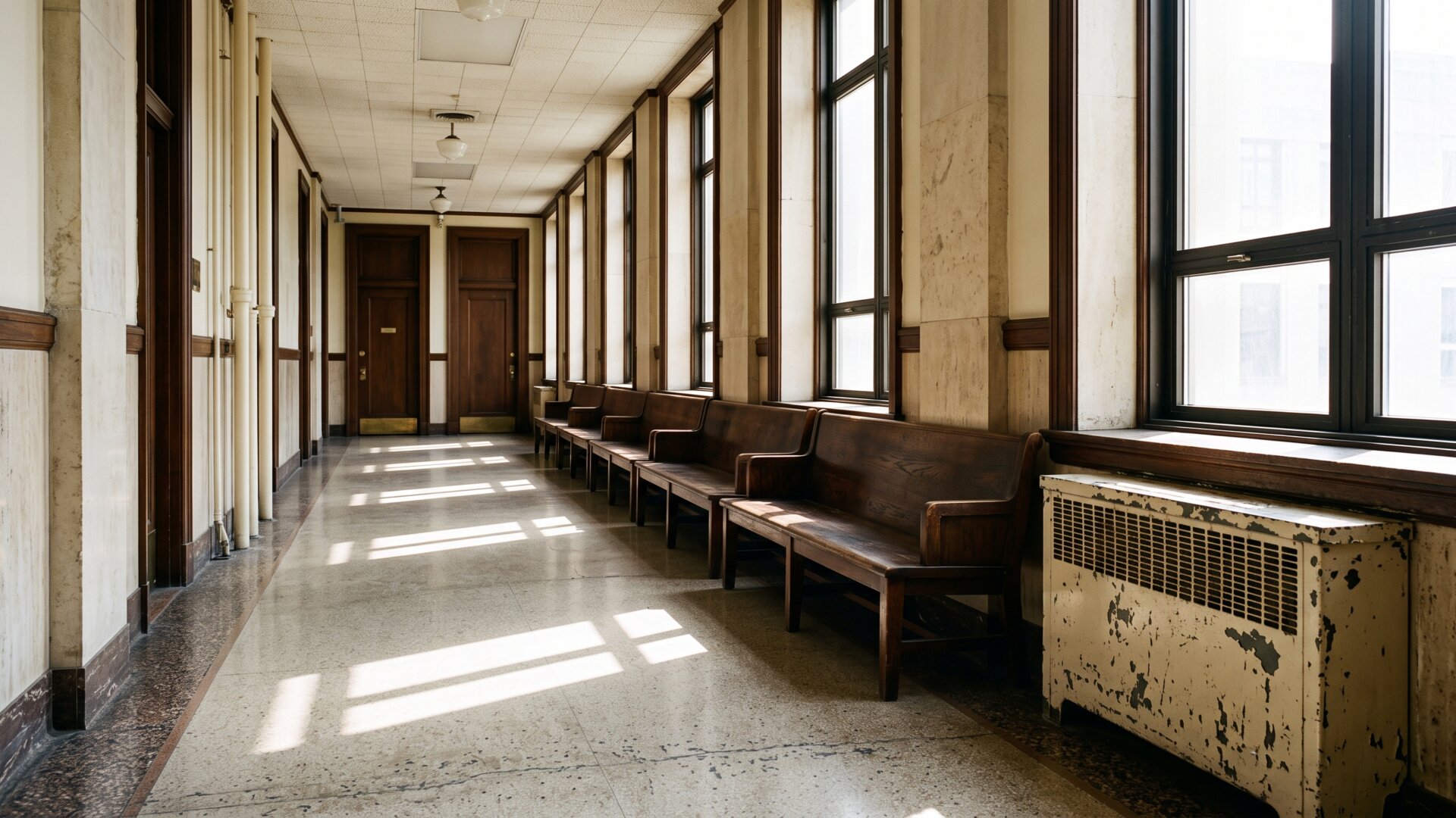 A courthouse corridor outside a hearing room, the civil and administrative setting where the lawsuits and board complaint described in slide 5 proceed.