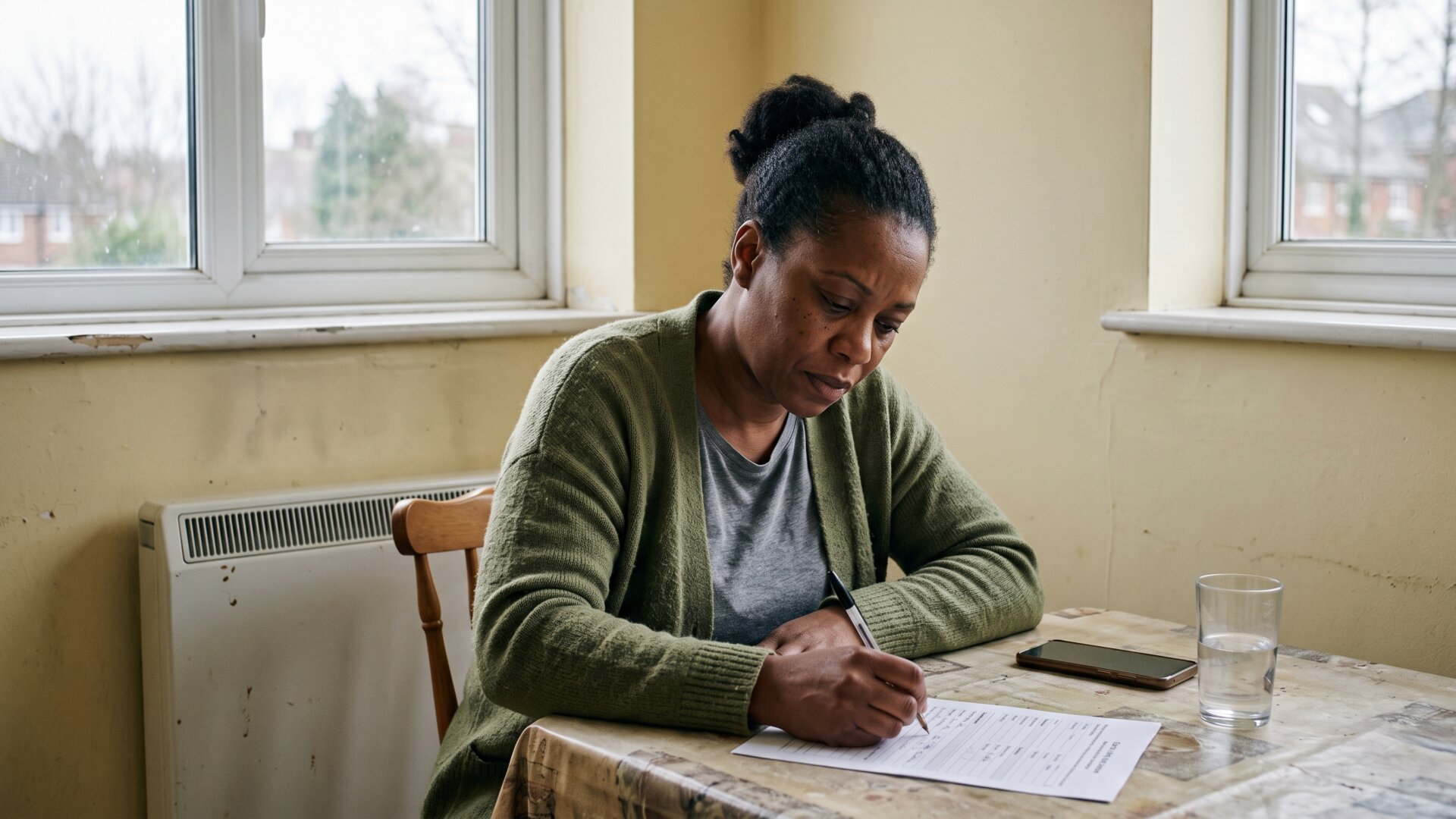 A woman at a kitchen table completing a paper form by hand, the complaint-filing act by a family member that slide 8 identifies as the step that moved the case.