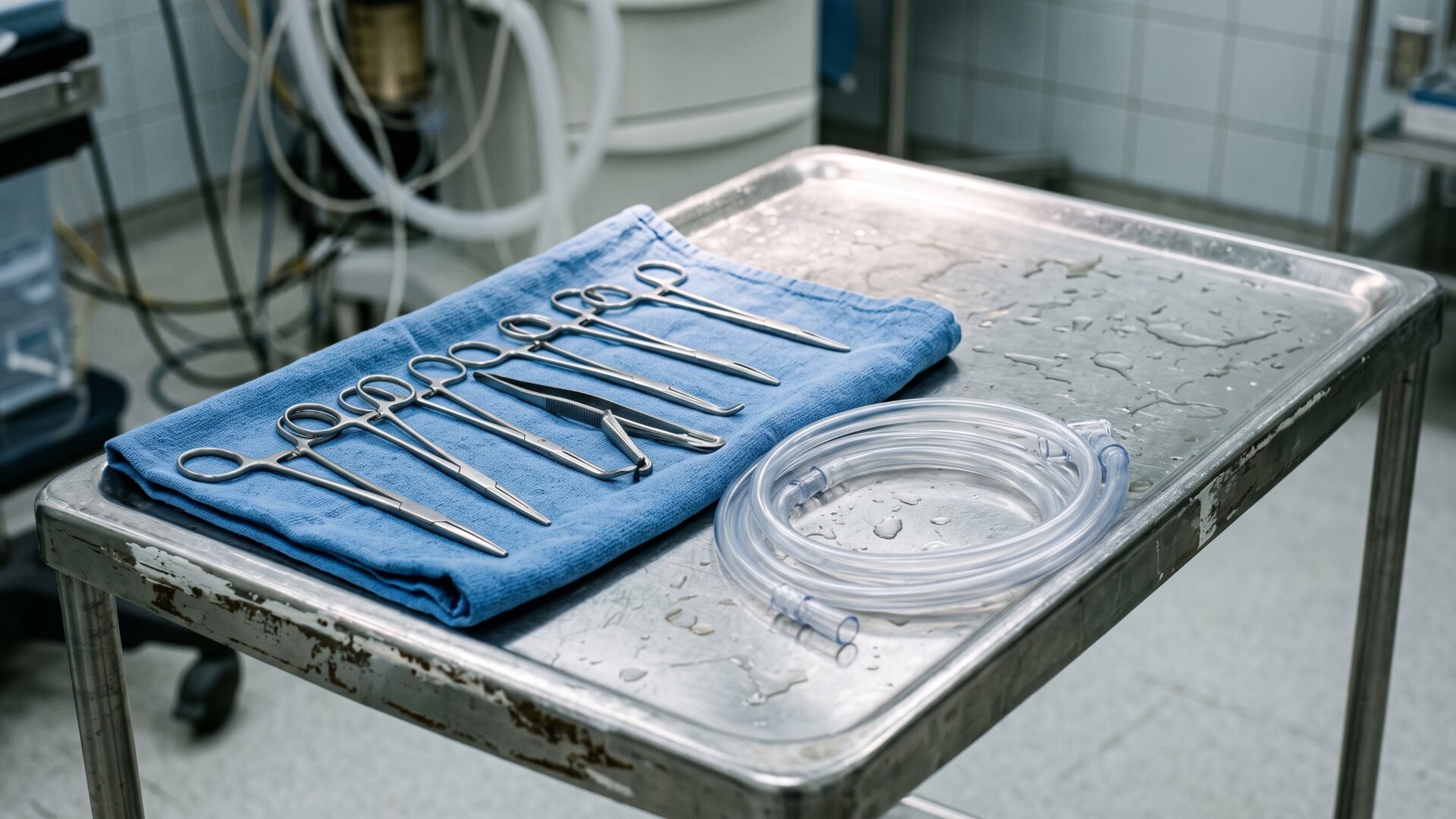 A close-up of surgical instruments and anesthesia tubing laid out on a tray, the operative scale that distinguishes the three procedures named in slide 9 from minor office work.