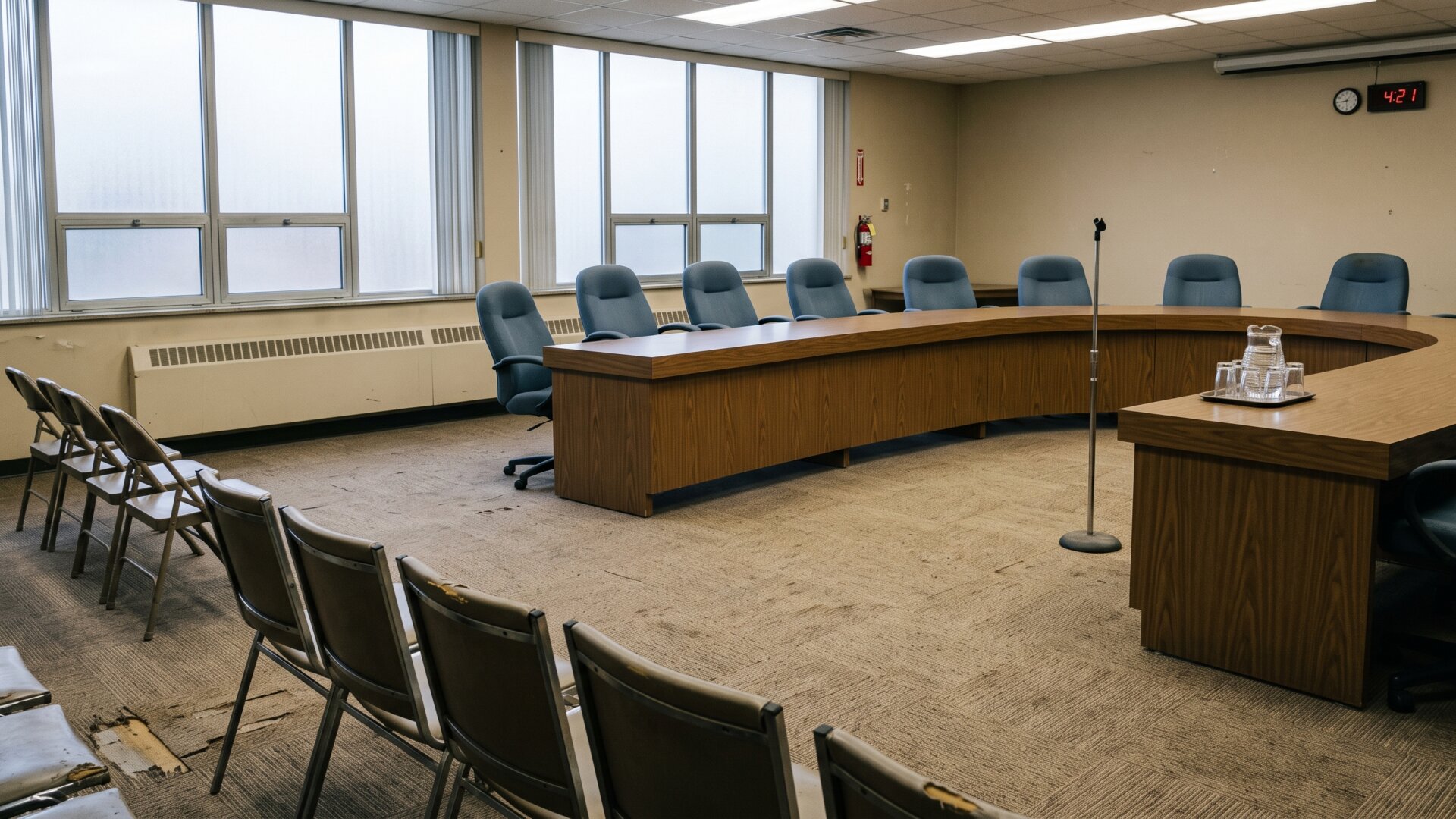 An empty public meeting room arranged for a licensing board session, the venue where the transparency change demanded in slide 10 would have to be decided.