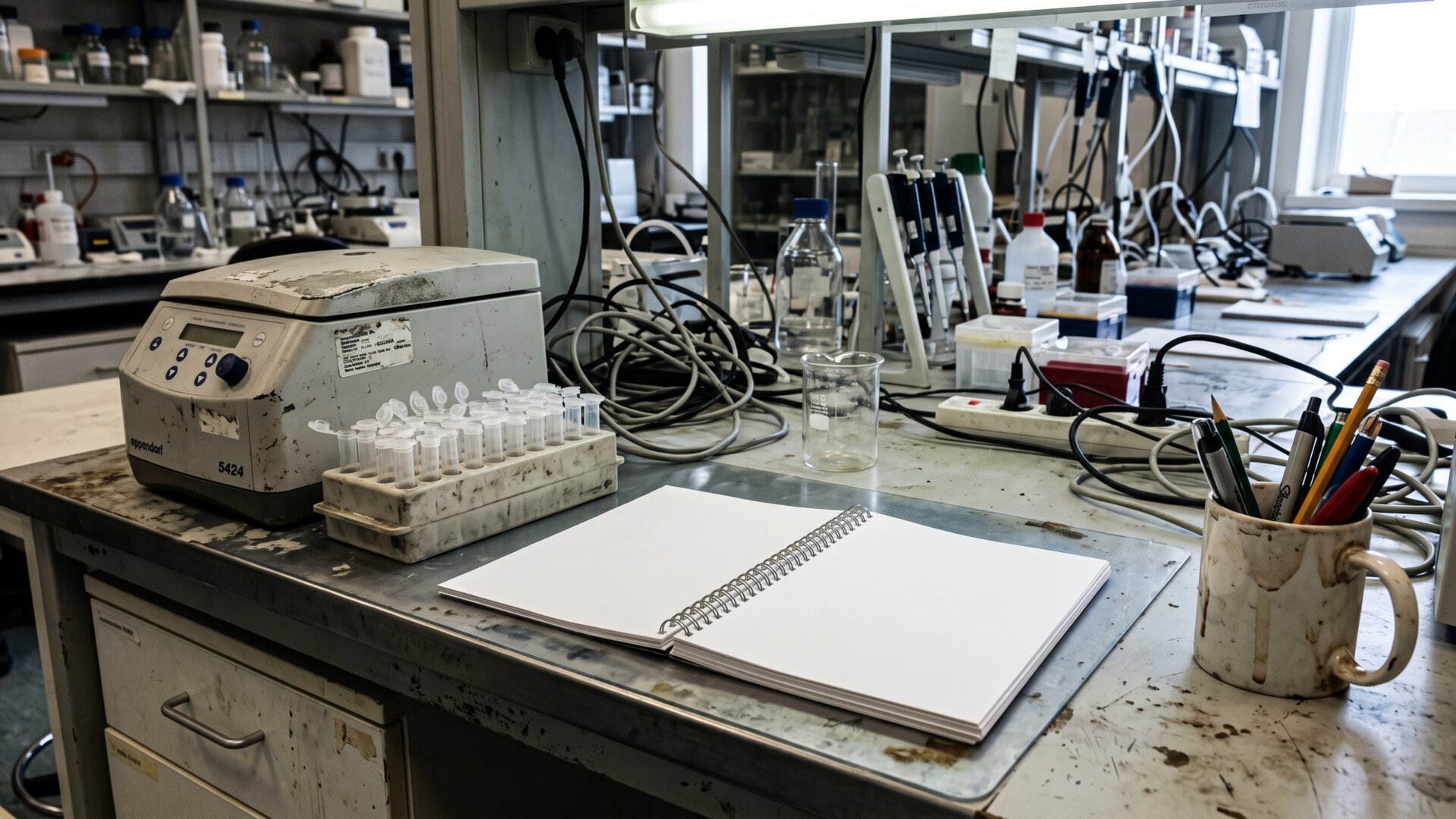A laboratory bench with a notebook and analysis equipment, matching slide 2's focus on study findings and measured values.