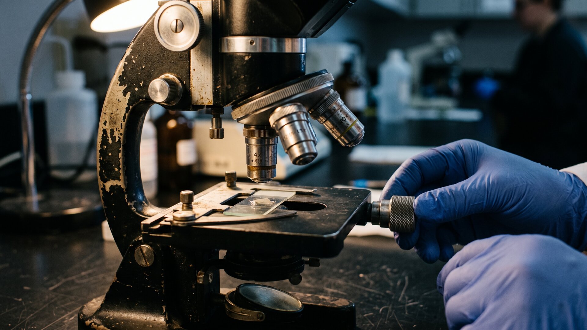 A microscope in a research setting, representing the cellular biology slide 3 describes without diagramming it.