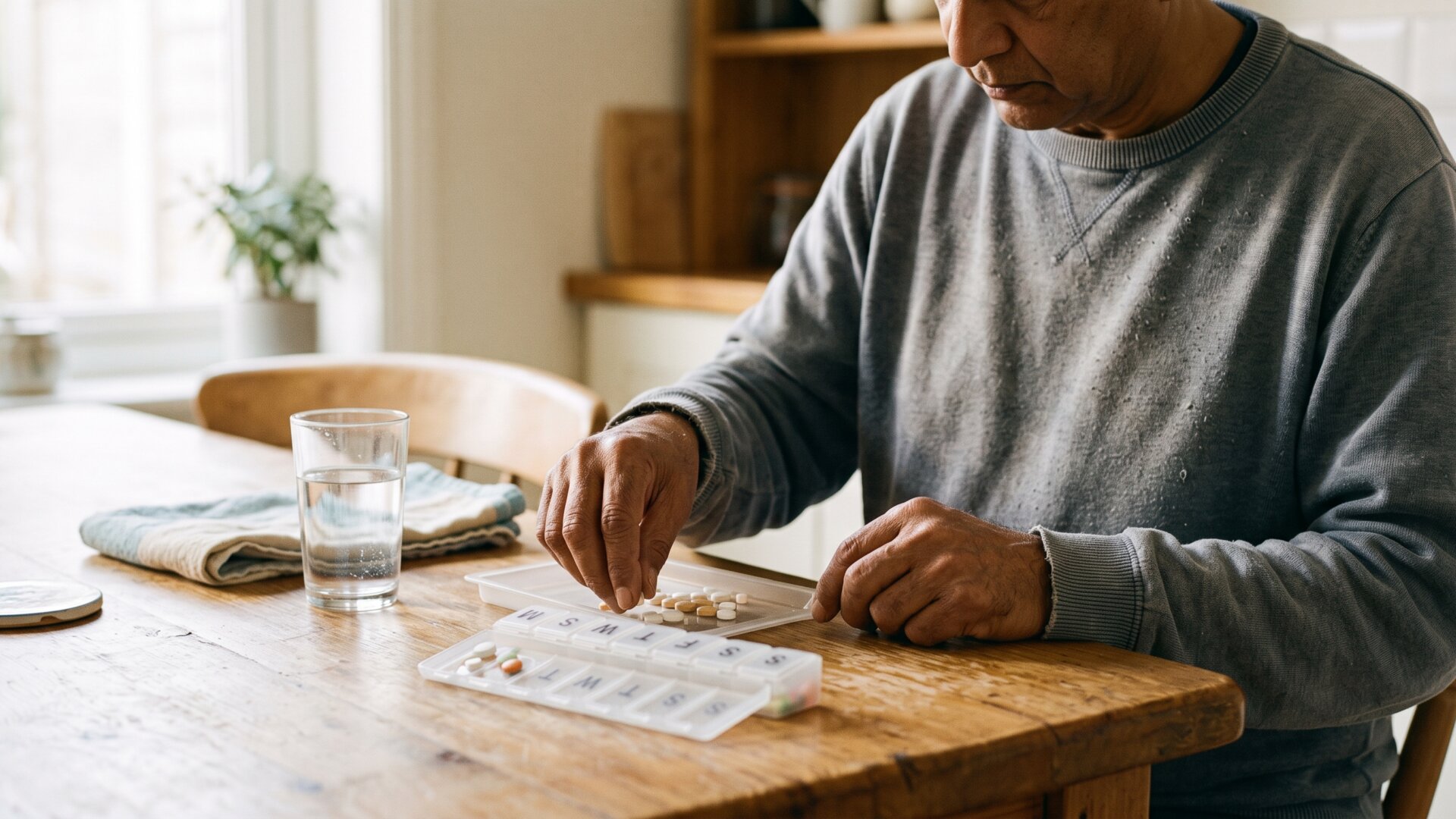 Hands sorting medications at a kitchen table, matching slide 8's point about interaction risk and reviewing a full medication list.