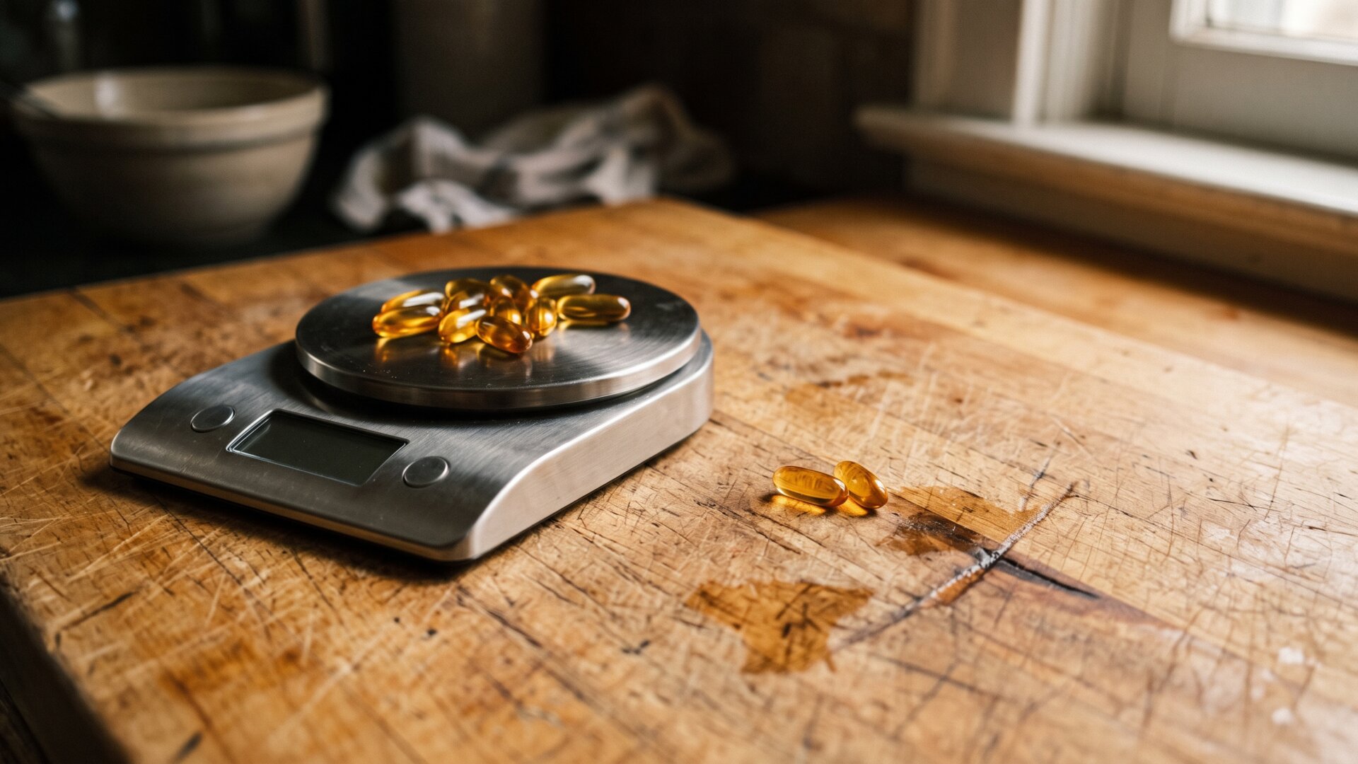 A small kitchen scale with loose capsules, giving physical form to the 100 to 200 milligram dosing range in slide 9.