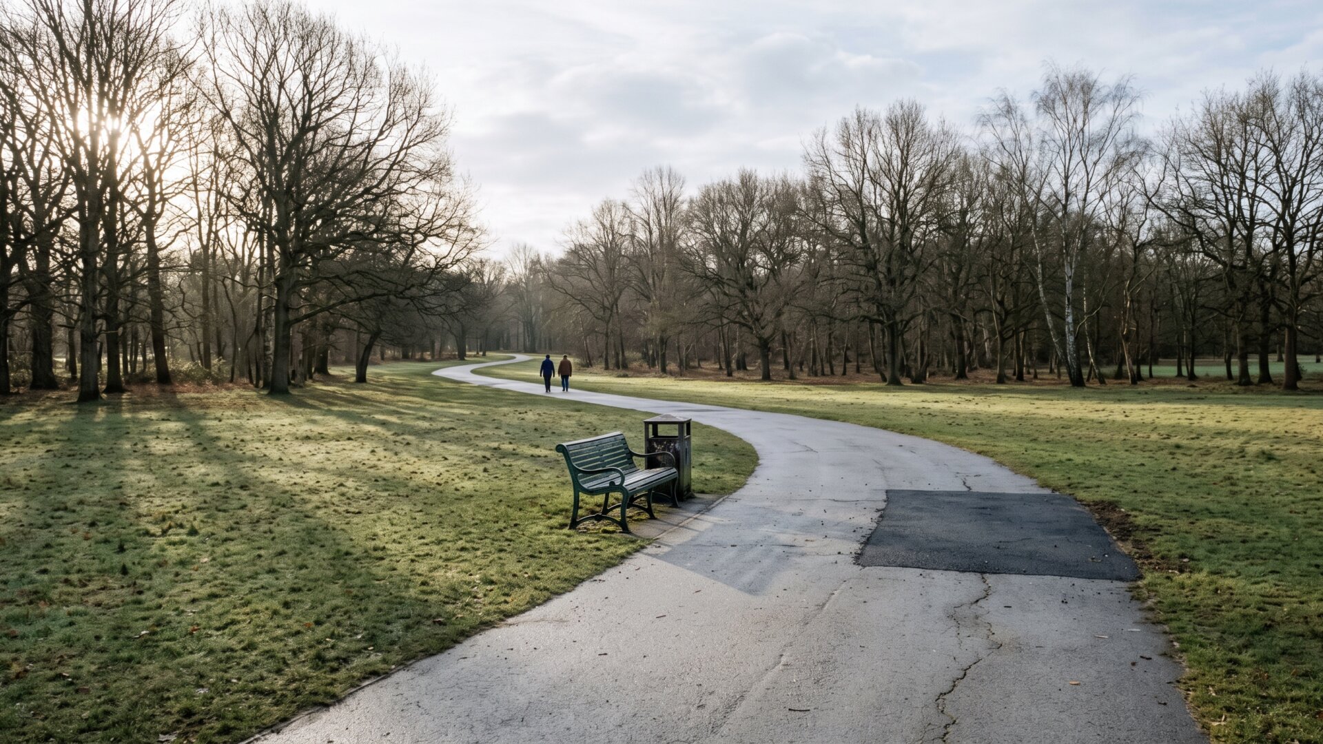 A park path early in the day, picturing the lifestyle measures slide 10 names as first-line treatment.