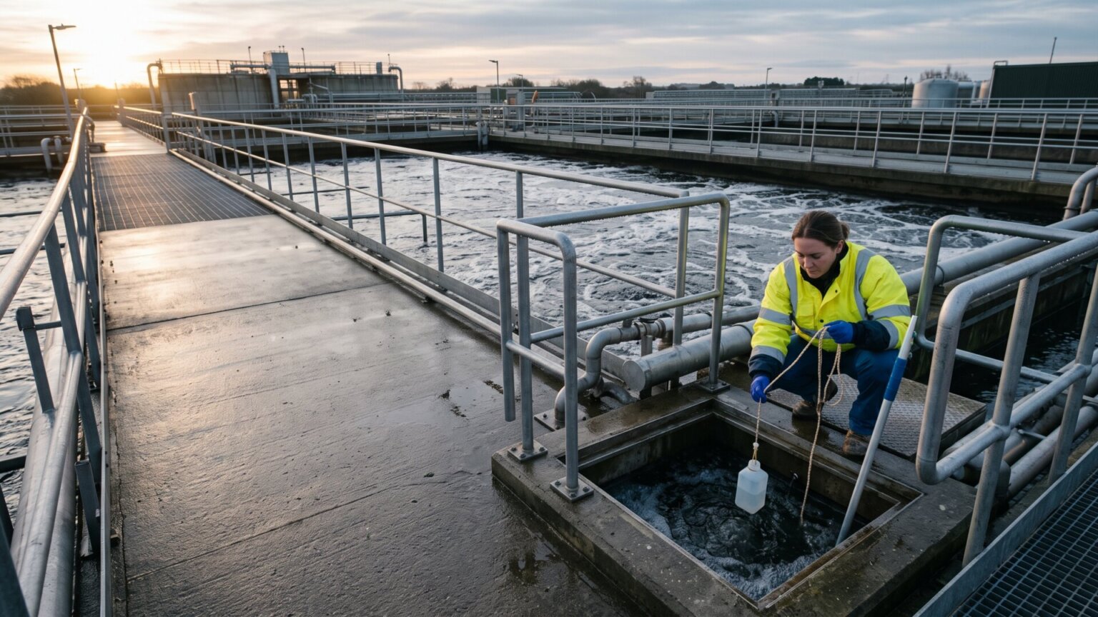 A sewage treatment plant sampling point at dawn, the physical place where the early flu signal in slide 1 was first detected.